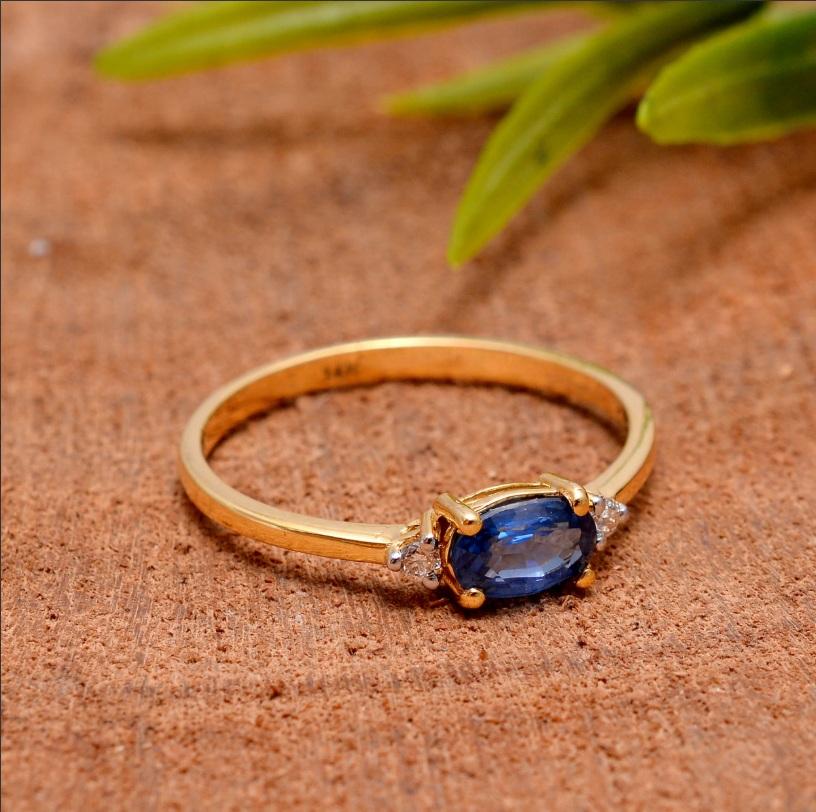 Asscher Cut Natural Sapphire & Diamond Ring 14K Gold For Sale