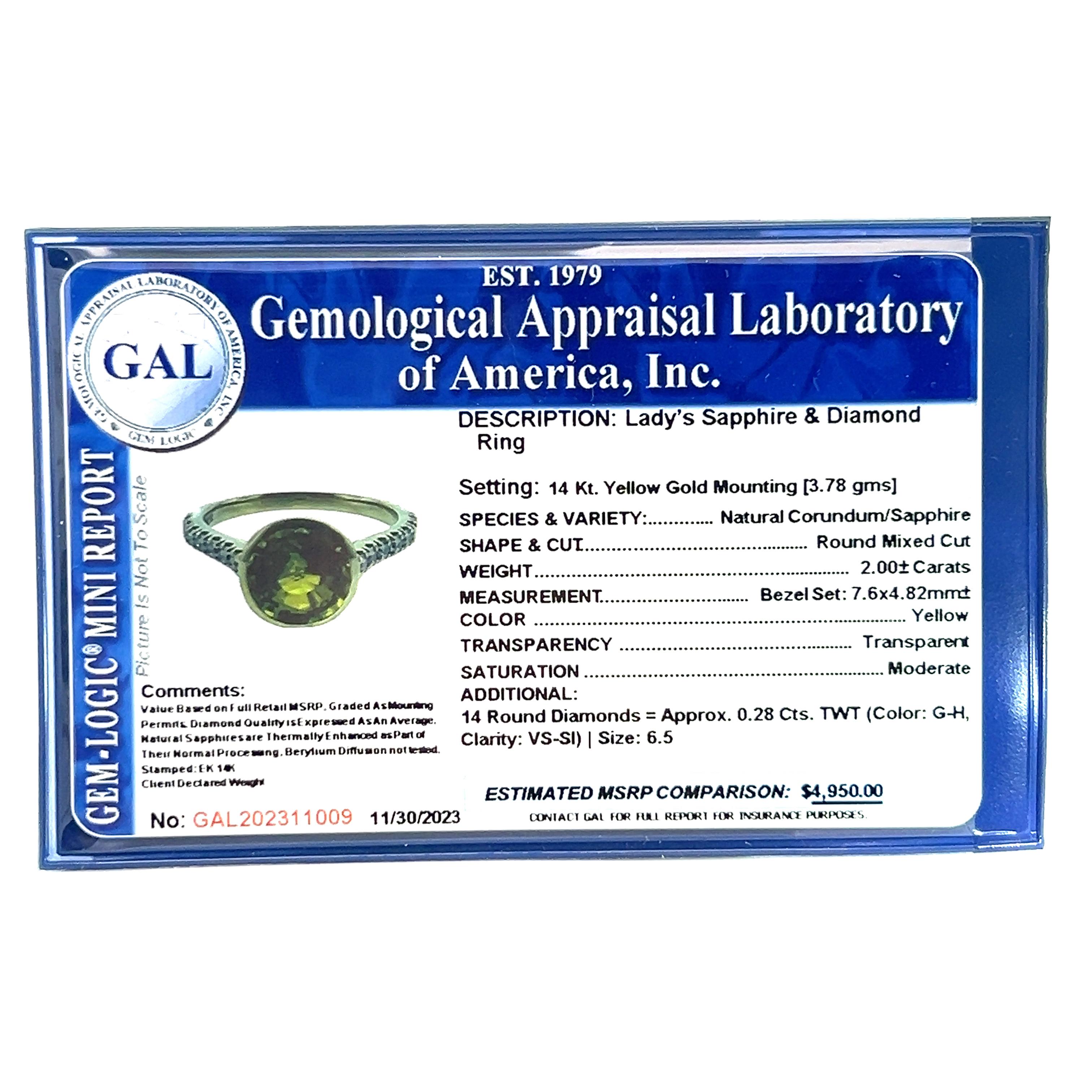 Natural Sapphire Diamond Ring 6.5 14k Y Gold 2.28 TCW Certified For Sale 14