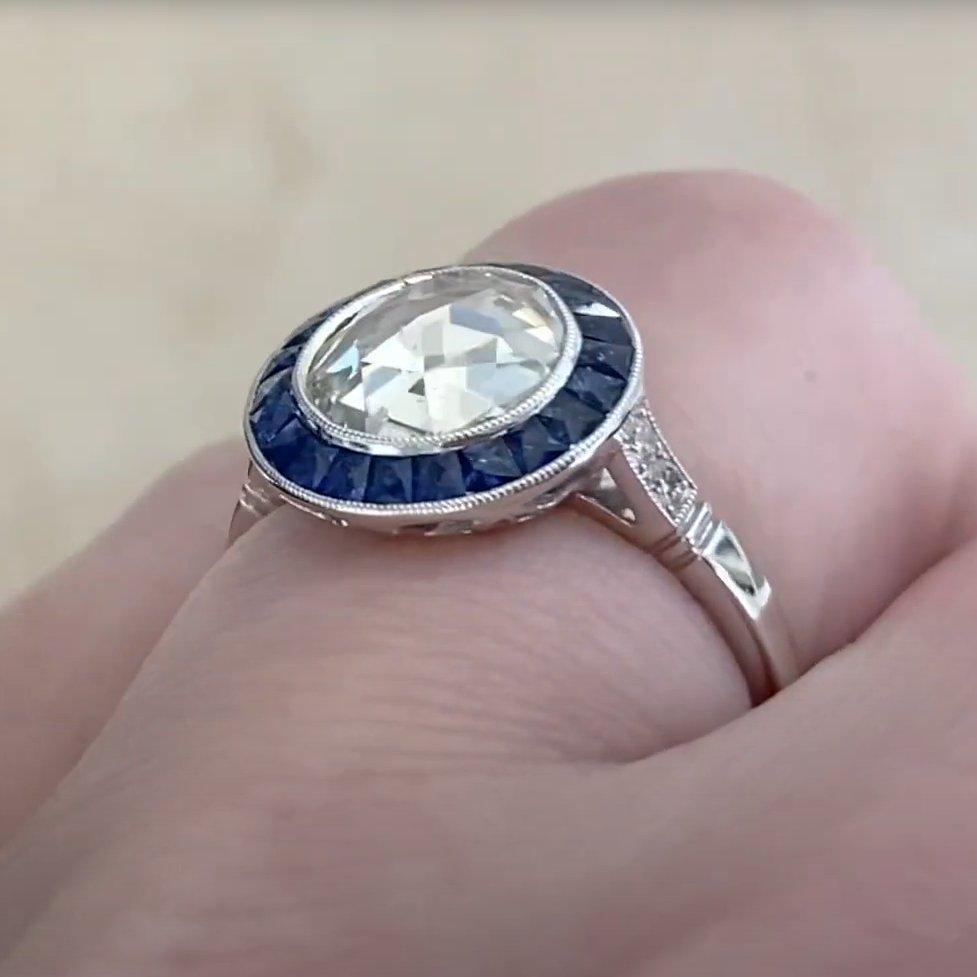 Natural Sapphire Diamond Ring, (Approx. 1.50-Carats) Rose Cut Engagement Halo In Excellent Condition For Sale In New York, NY