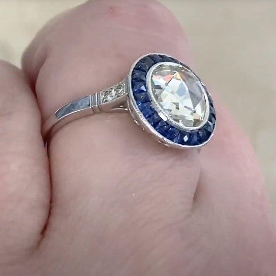 Taglio a rosa Anello di diamanti con zaffiro naturale, (circa 1,50 carati) aureola di fidanzamento con taglio rosato in vendita