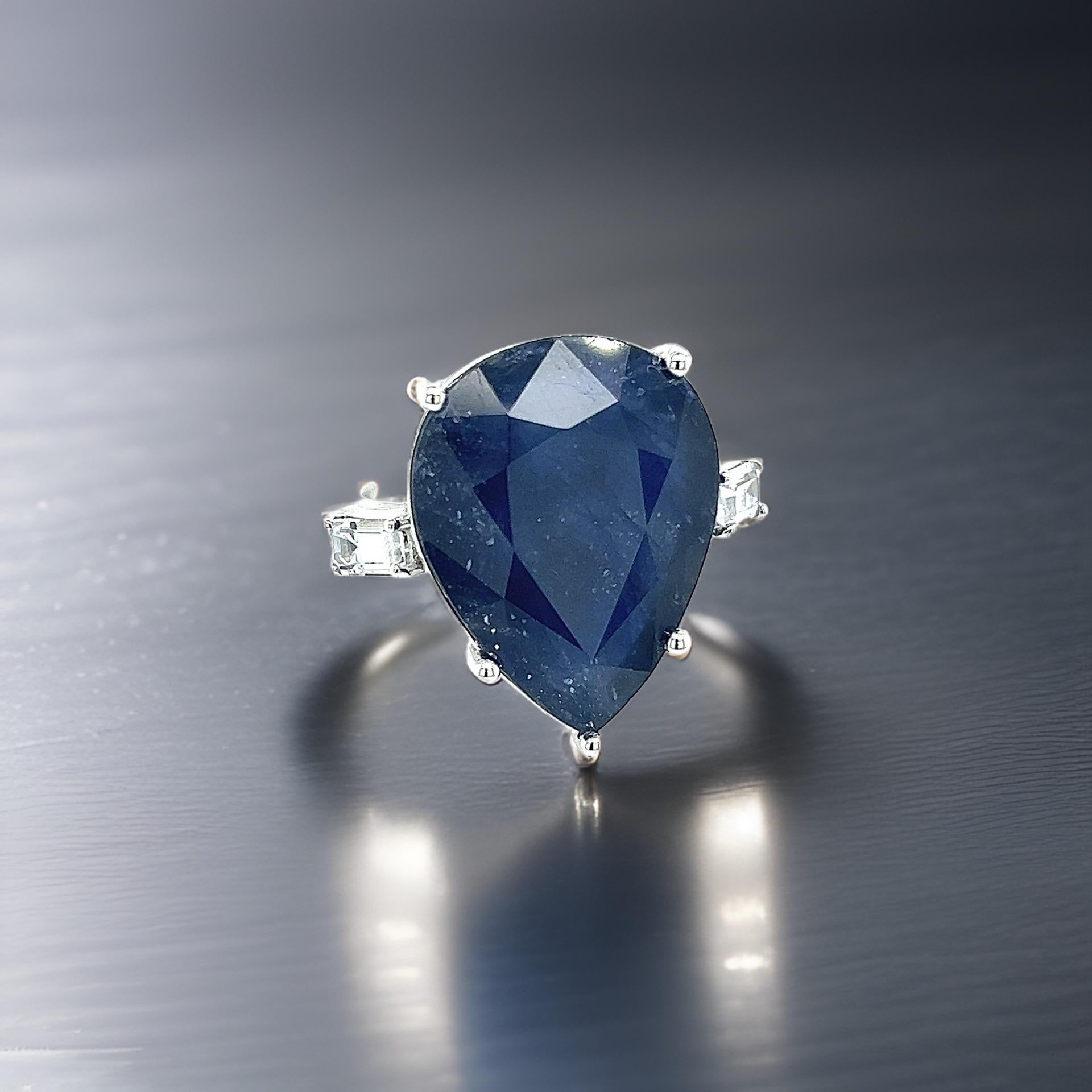 Pear Cut Natural Sapphire Diamond Ring Size 6.5 14k W Gold 17.73 TCW Certified For Sale