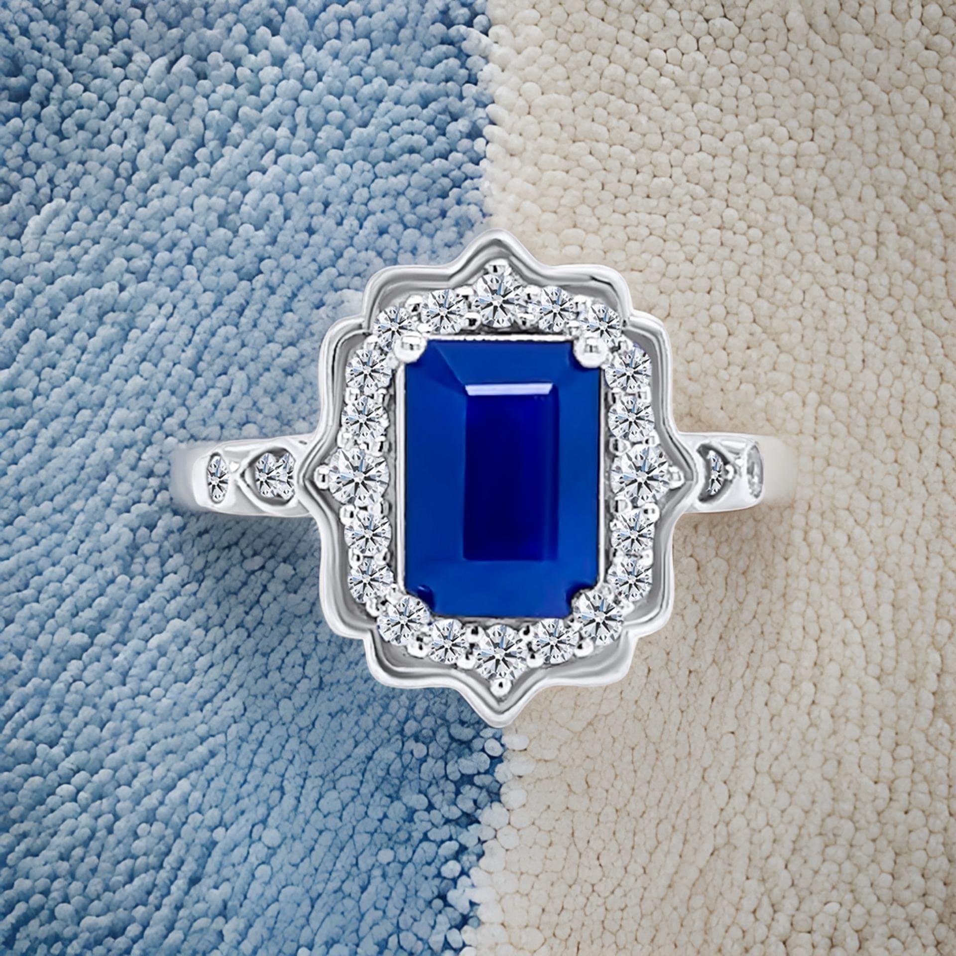 Emerald Cut Natural Sapphire Diamond Ring Size 6.5 14k W Gold 3.51 TCW Certified For Sale