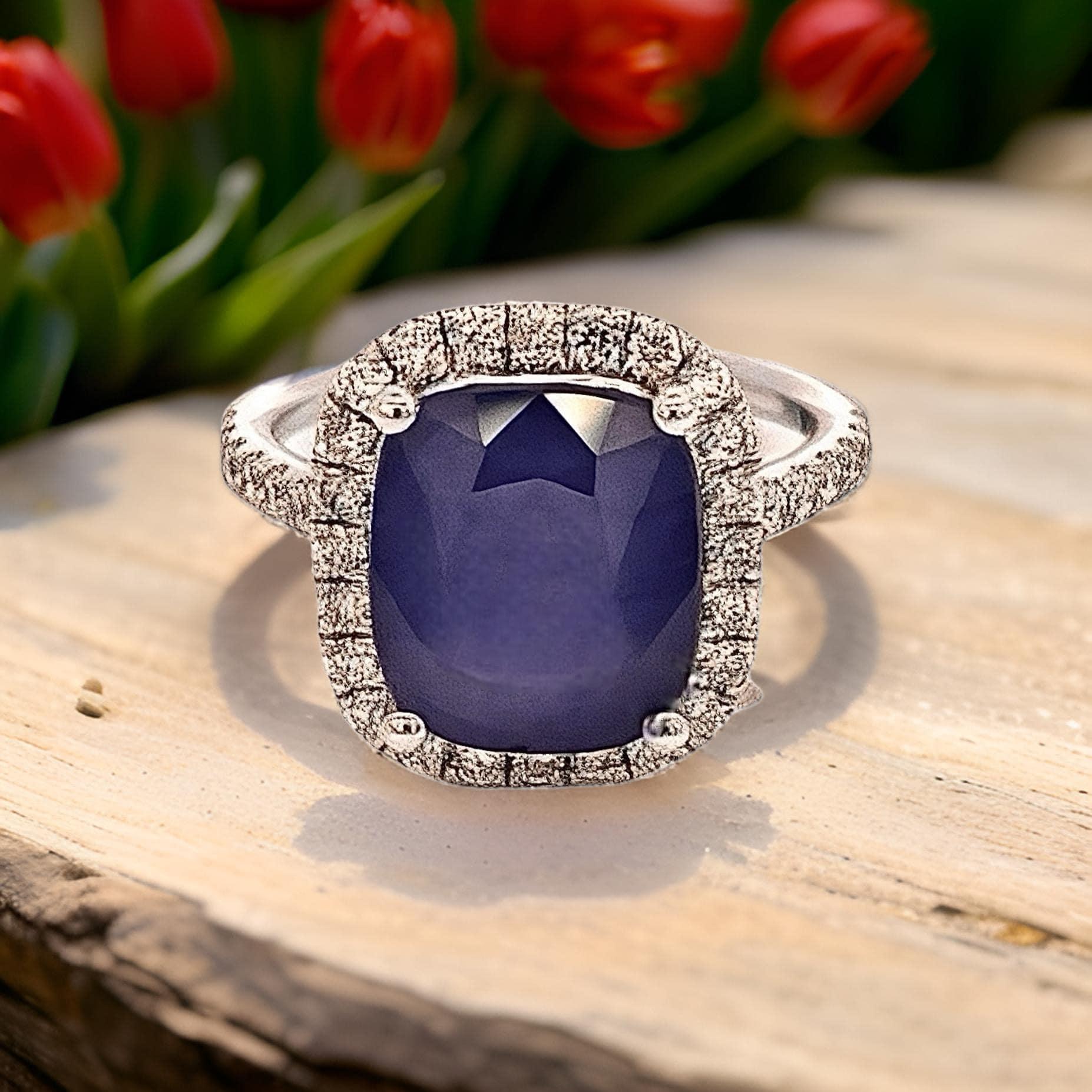 Cushion Cut Natural Sapphire Diamond Ring Size 6.5 14k White Gold 6.35 Certified For Sale