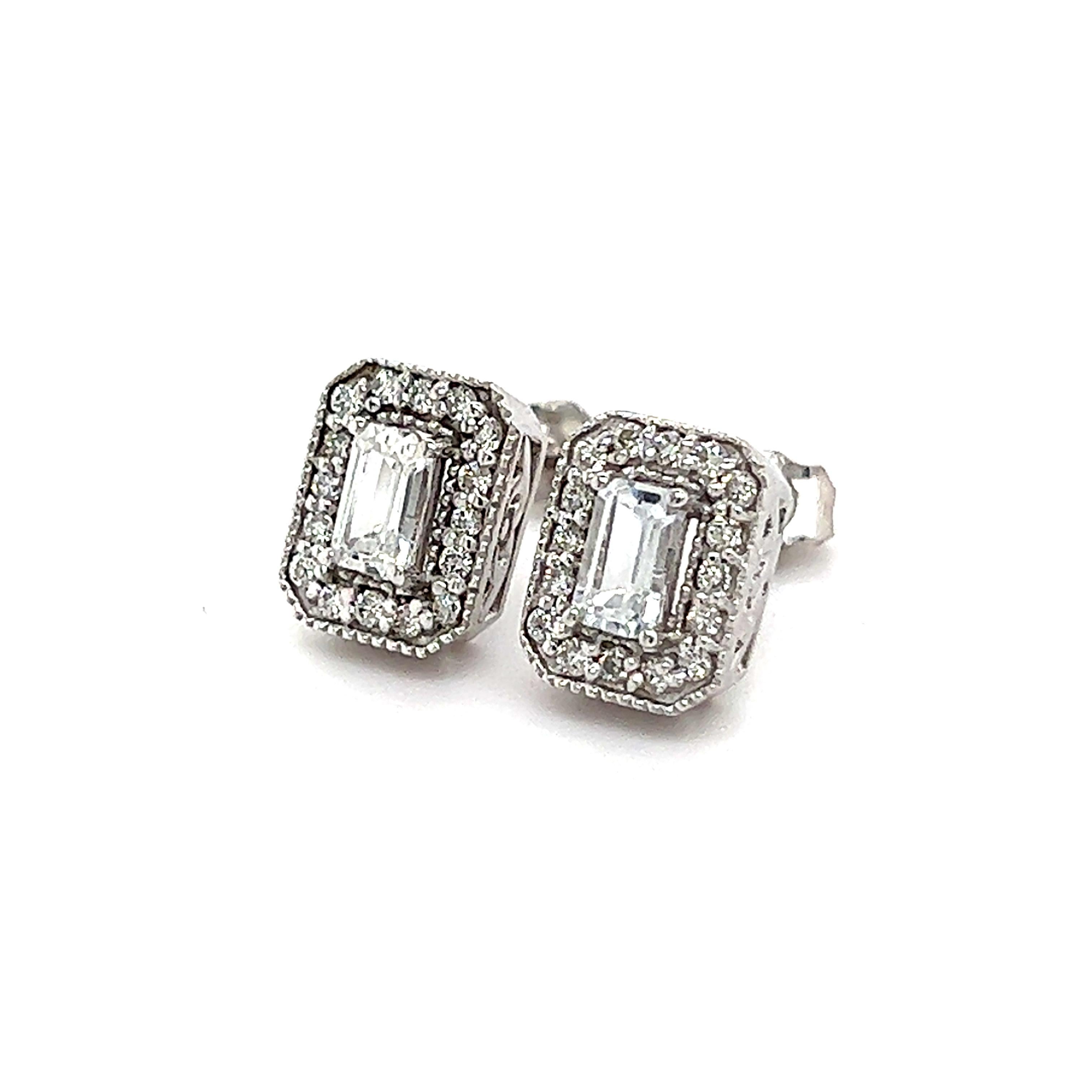 Emerald Cut Natural Sapphire Diamond Stud Earrings 14k W Gold 0.96 TCW Certified For Sale