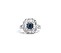 1.06ct Emerald-Cut Blue Sapphire Triple Halo Engagement Ring in 18K White Gold