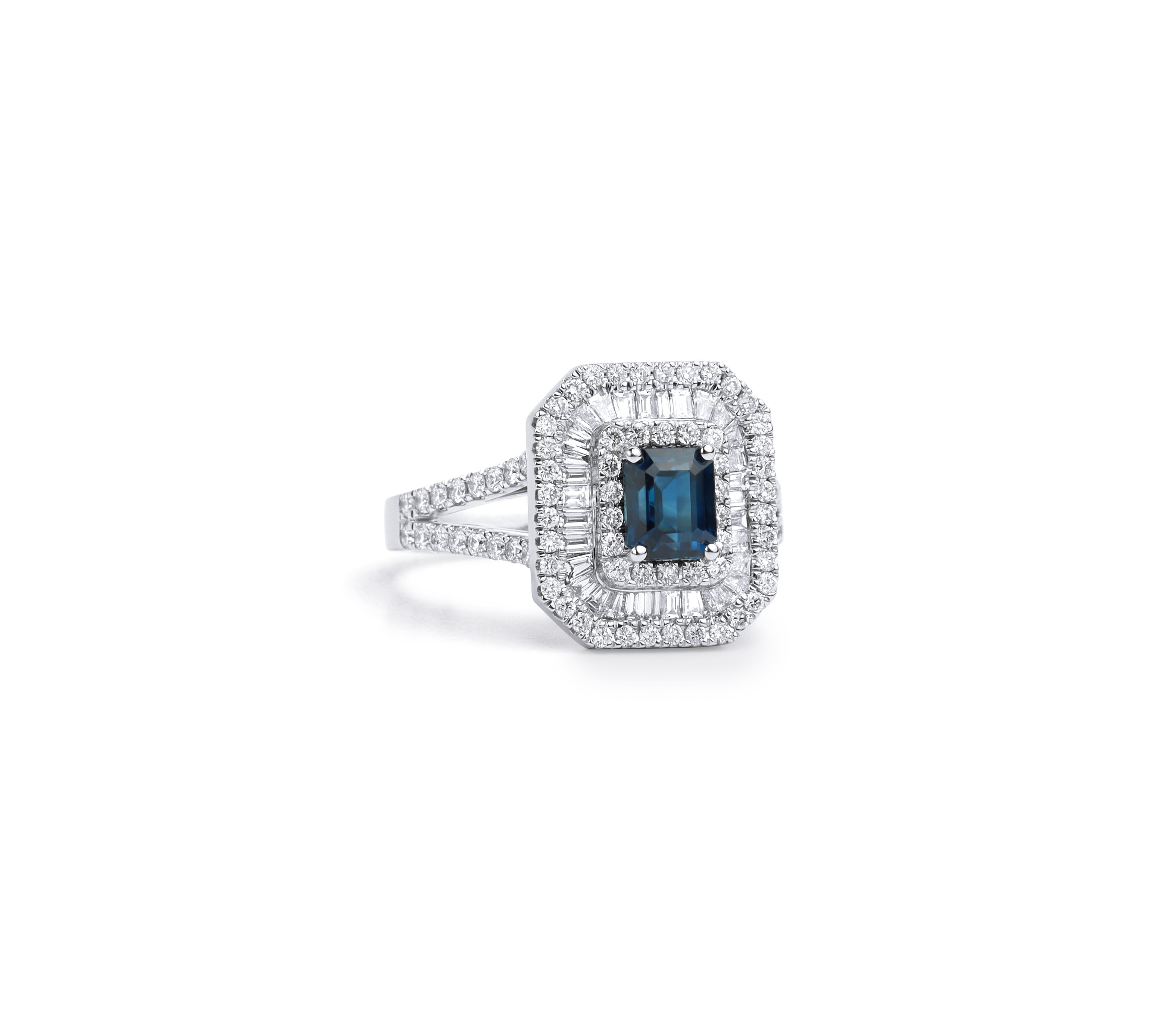 Art Deco Natural Sapphire Diamond Triple Halo Cocktail Engagement Ring in 18k White Gold For Sale