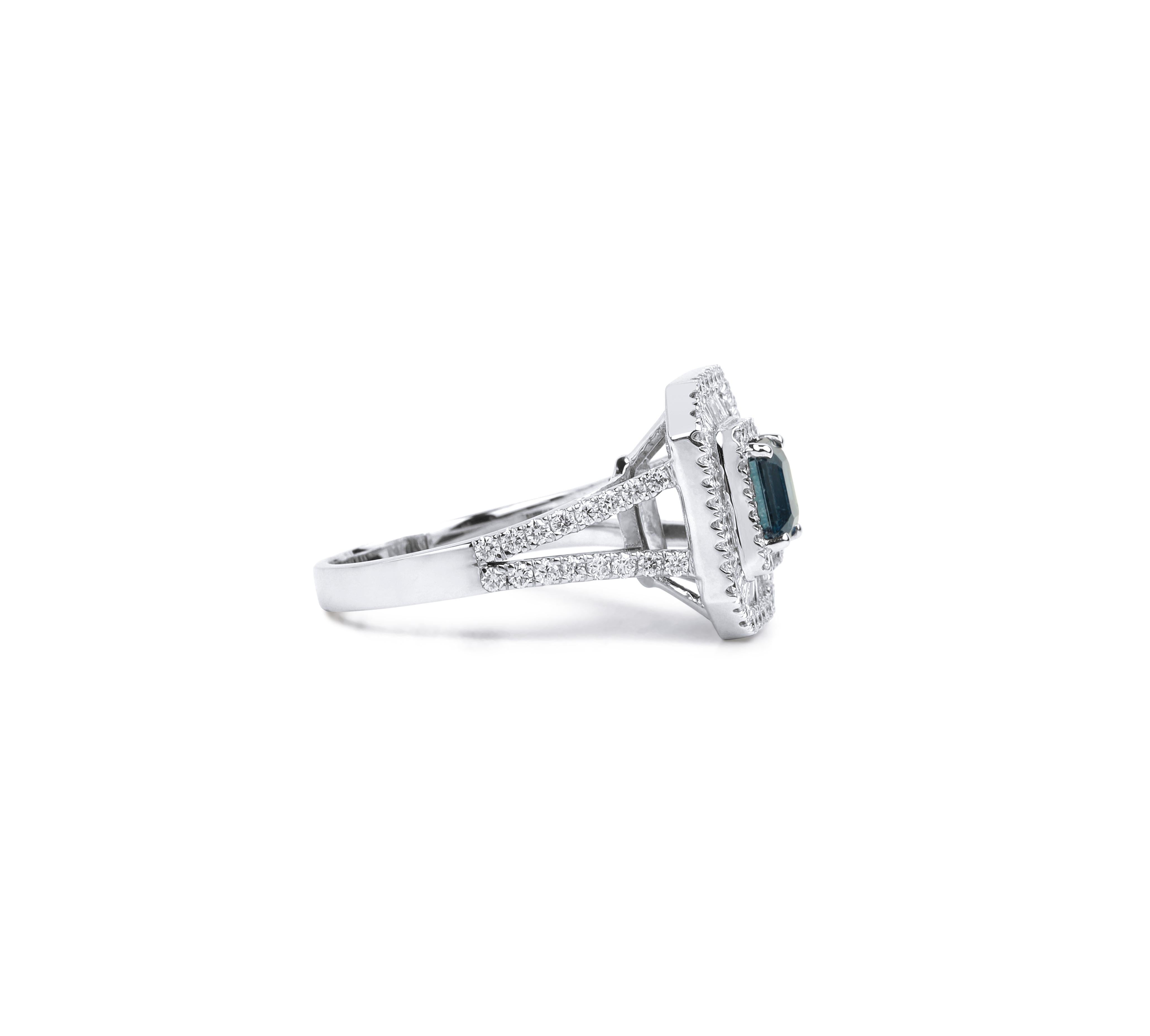 Emerald Cut Natural Sapphire Diamond Triple Halo Cocktail Engagement Ring in 18k White Gold For Sale