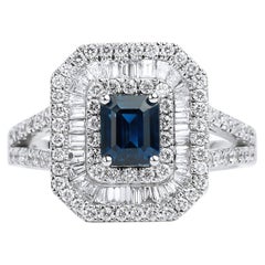 Natural Sapphire Diamond Triple Halo Cocktail Engagement Ring in 18k White Gold