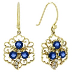 Natural Sapphire Diamond Vintage Filigree Floral Drop Earrings in 9K Gold