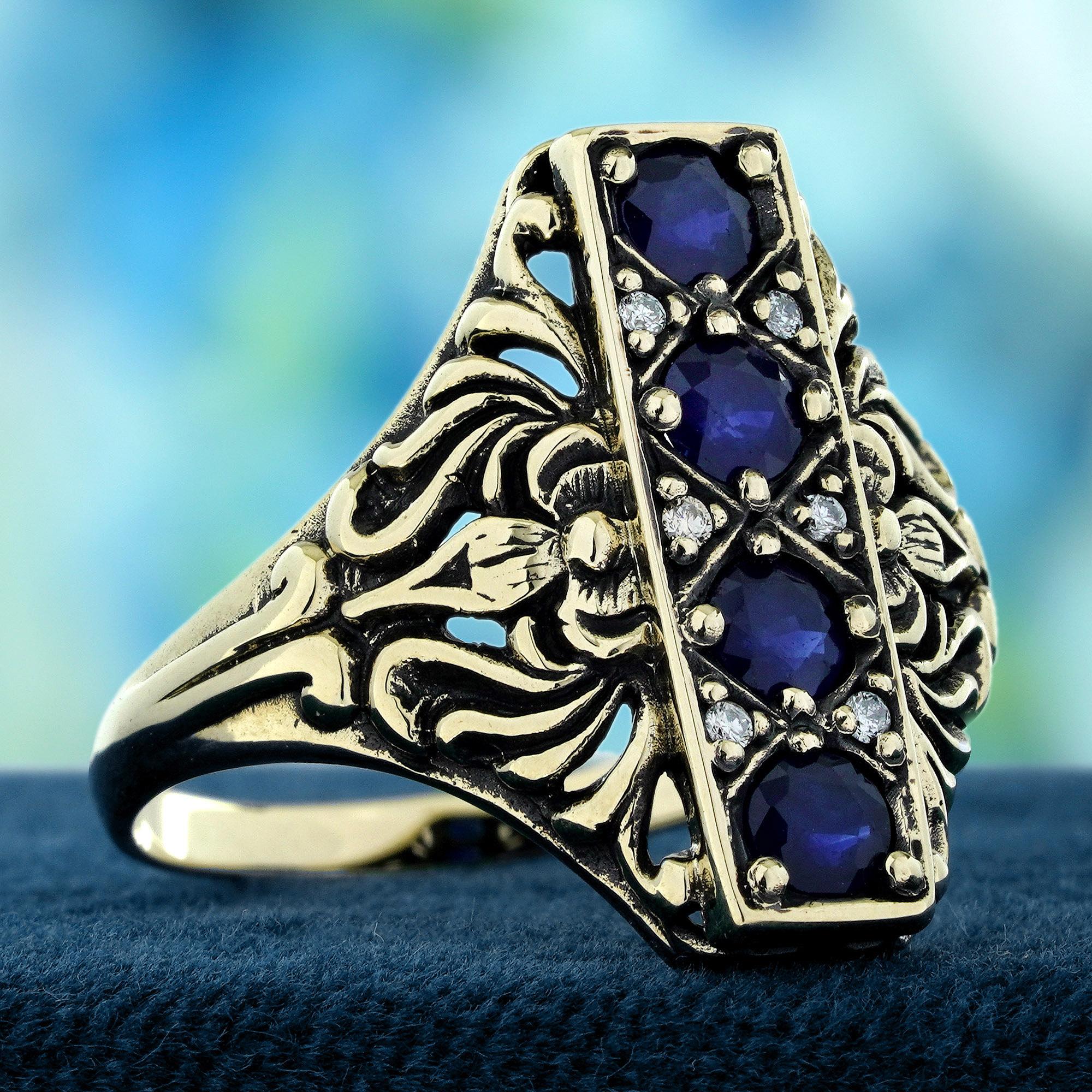 Natürlicher Saphir Diamant Vintage-Stil graviert Cocktail-Ring in massivem 9K Gold (Edwardian) im Angebot