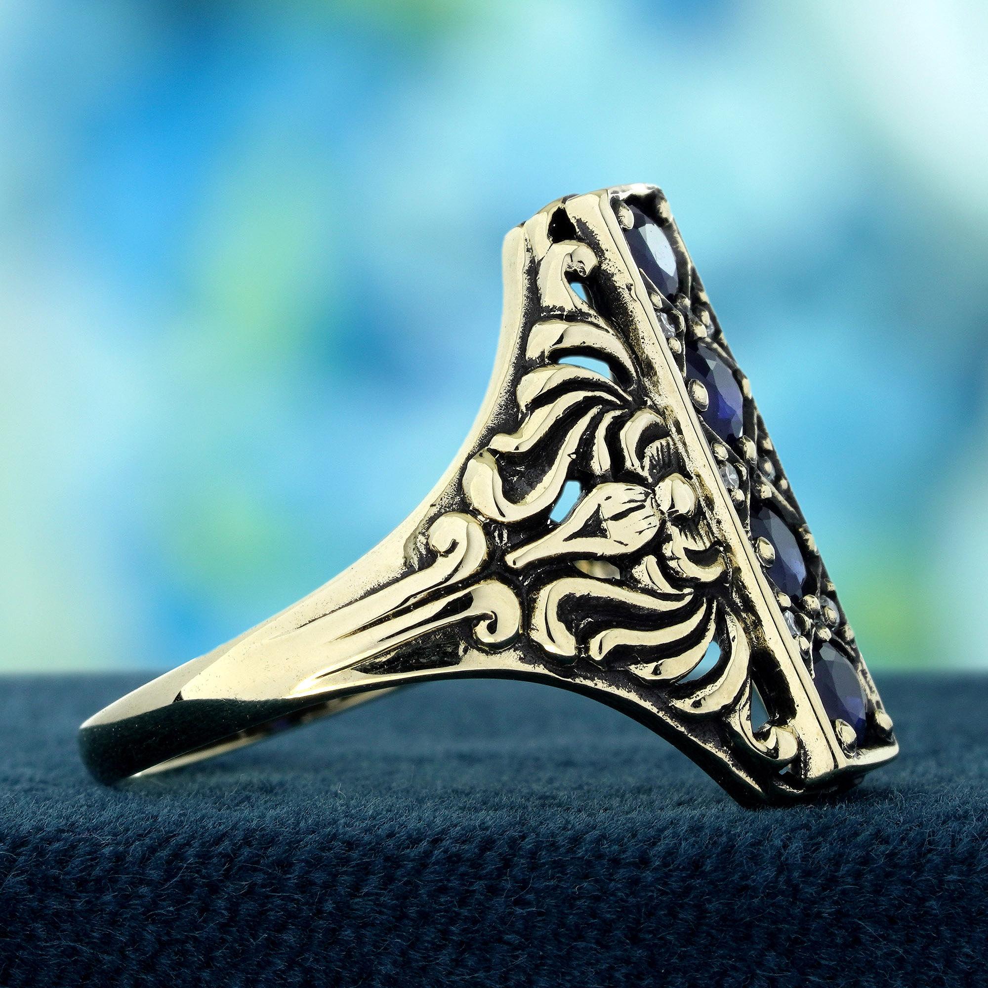 Natürlicher Saphir Diamant Vintage-Stil graviert Cocktail-Ring in massivem 9K Gold (Rundschliff) im Angebot
