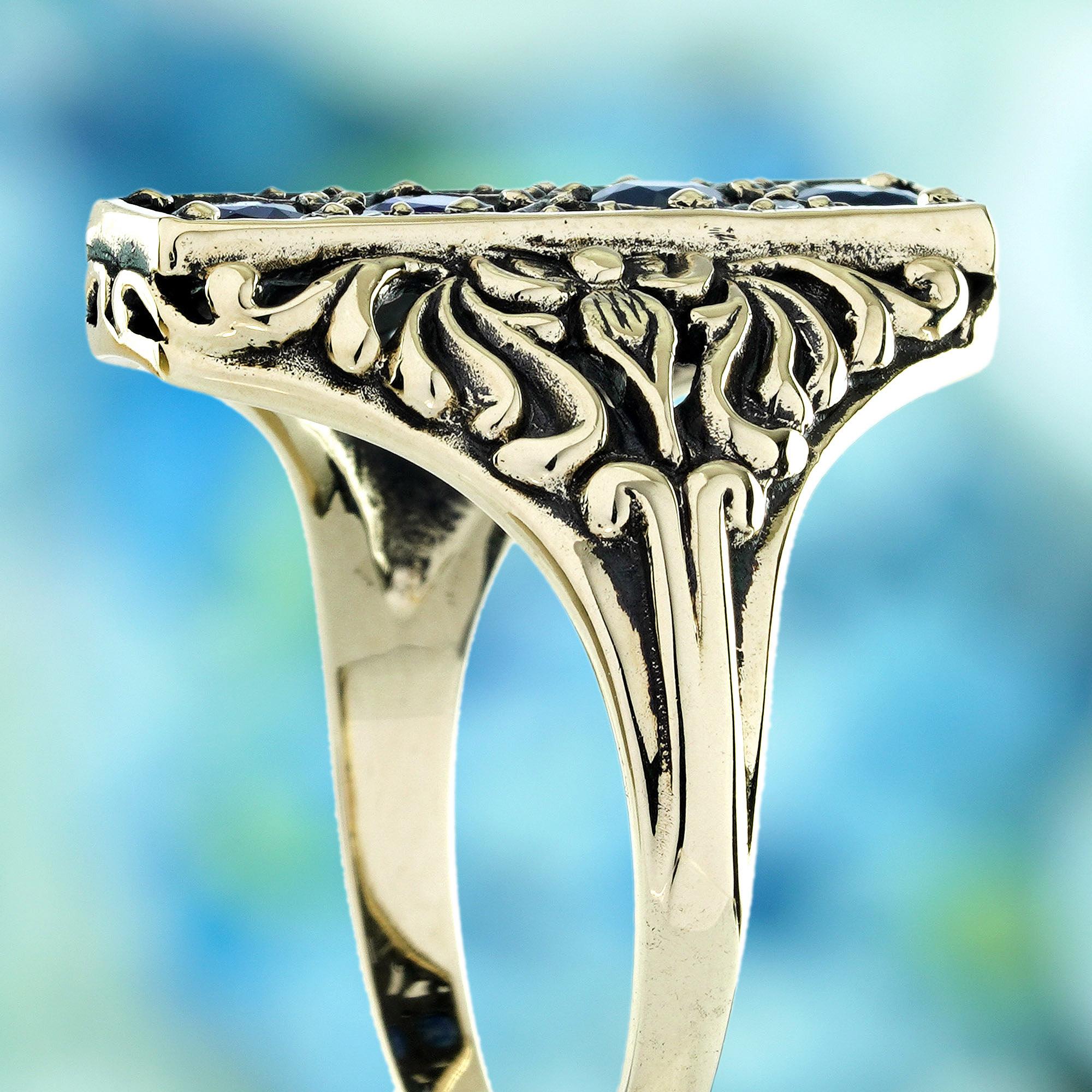 Natürlicher Saphir Diamant Vintage-Stil graviert Cocktail-Ring in massivem 9K Gold Damen im Angebot