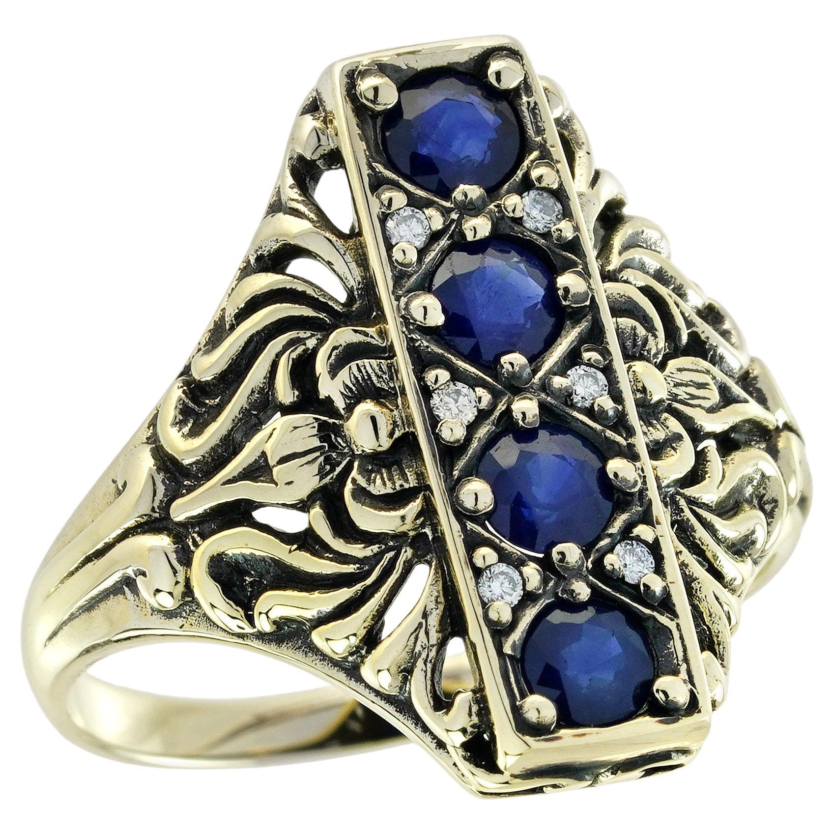 Natural Sapphire Diamond Vintage Style Engraved Cocktail Ring in Solid 9K Gold