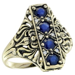 Natural Sapphire Diamond Vintage Style Engraved Cocktail Ring in Solid 9K Gold