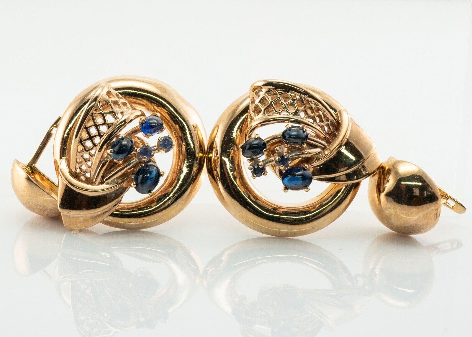 Cabochon Natural Sapphire Earrings Drop Dangle 14K Gold Vintage For Sale