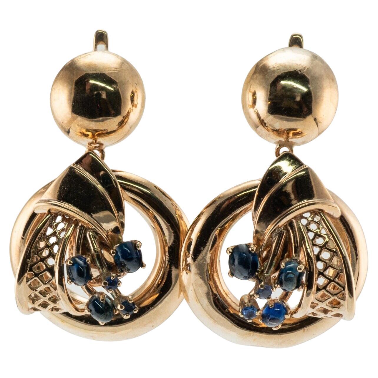 Natural Sapphire Earrings Drop Dangle 14K Gold Vintage For Sale