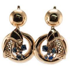 Natural Sapphire Earrings Drop Dangle 14K Gold Retro