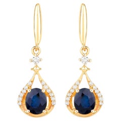 Boucles d'oreilles saphir naturel avec diamants 0.82 carats or jaune 14K