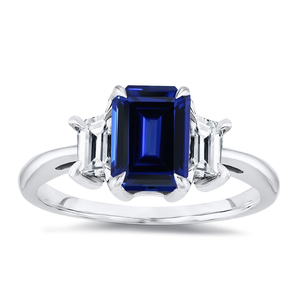 For Sale:  2 CTW. Natural Sapphire Emerald Cut Center Stone with Emerald Cut Side Diamonds  3