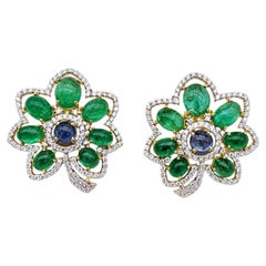 Designer 14K Gold Sapphire, Emerald & Diamond Earrings, 1.57ct