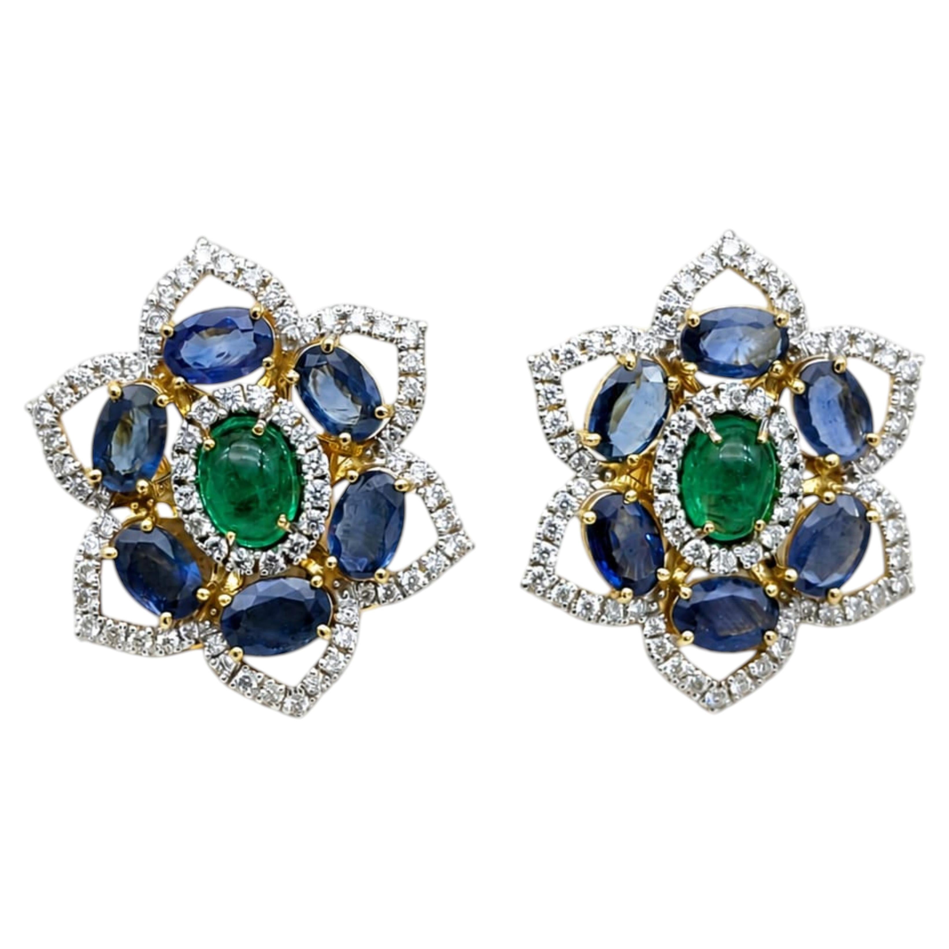 Designer 14K Gold Sapphire, Emerald, and Diamond Earrings, 1.12ct For Sale