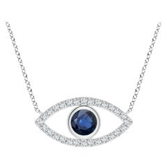 Natural Sapphire Evil Eye Pendant with Diamond in 14K White Gold 4.5mm