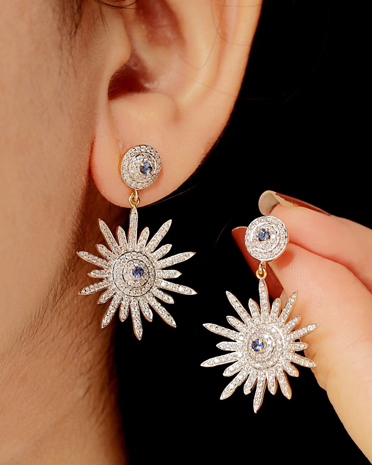 Women's Natural Sapphire  Gold Earrings in 14K For Sale