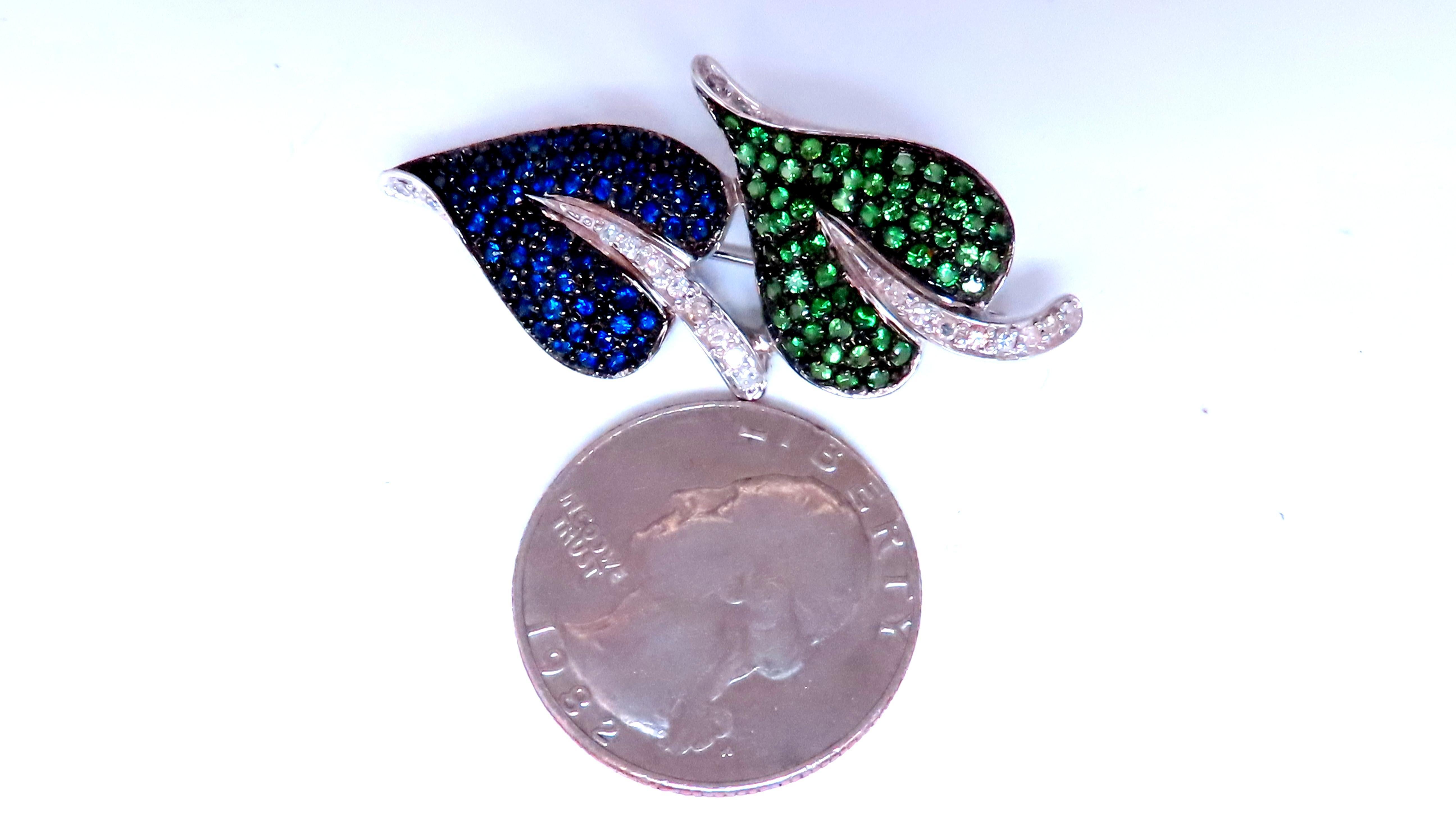 Natural Sapphire Green Tsavorite Spade Leaf Diamond Pin 14kt 12361 In Excellent Condition In New York, NY