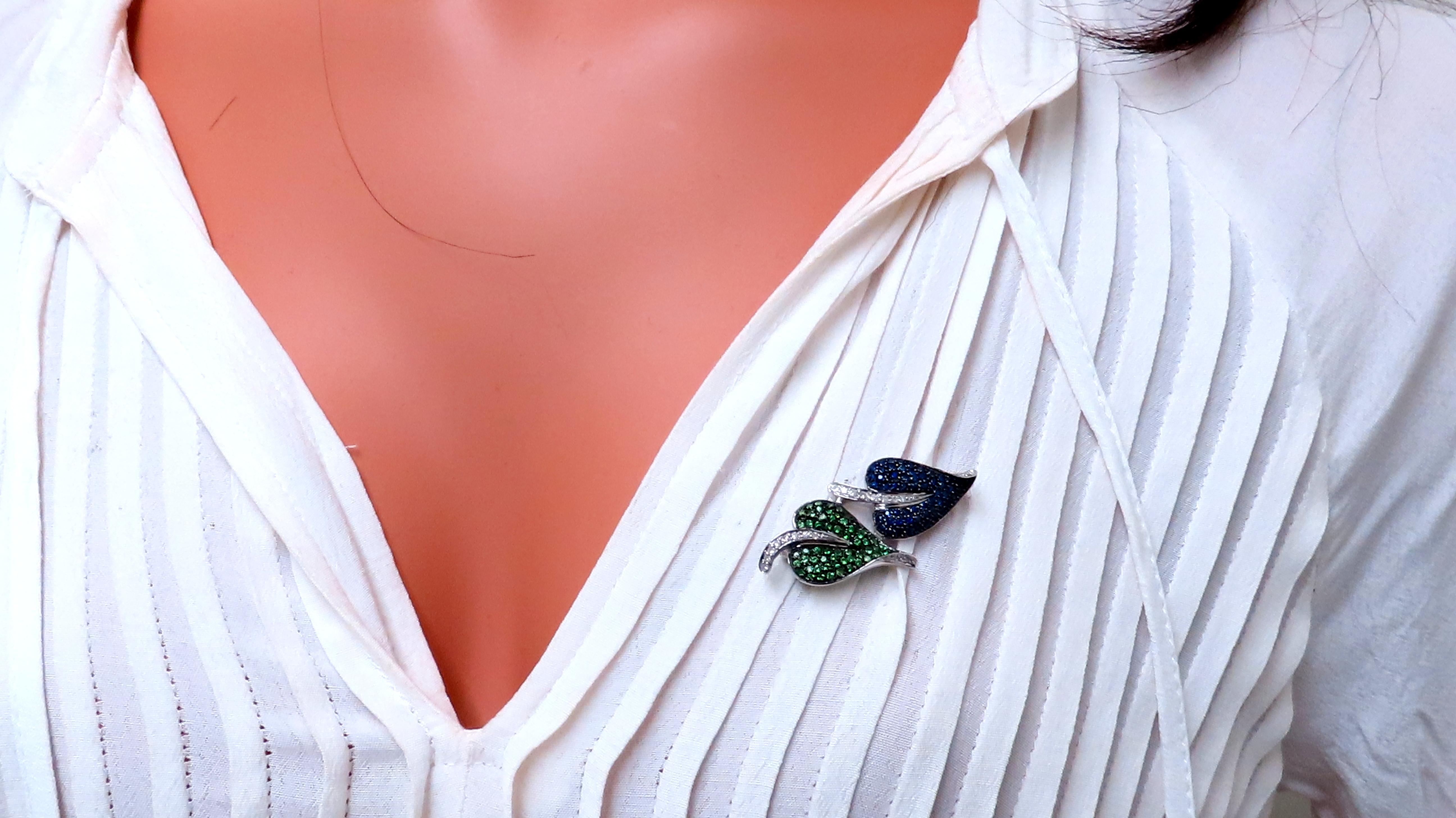 Women's Natural Sapphire Green Tsavorite Spade Leaf Diamond Pin 14kt 12361