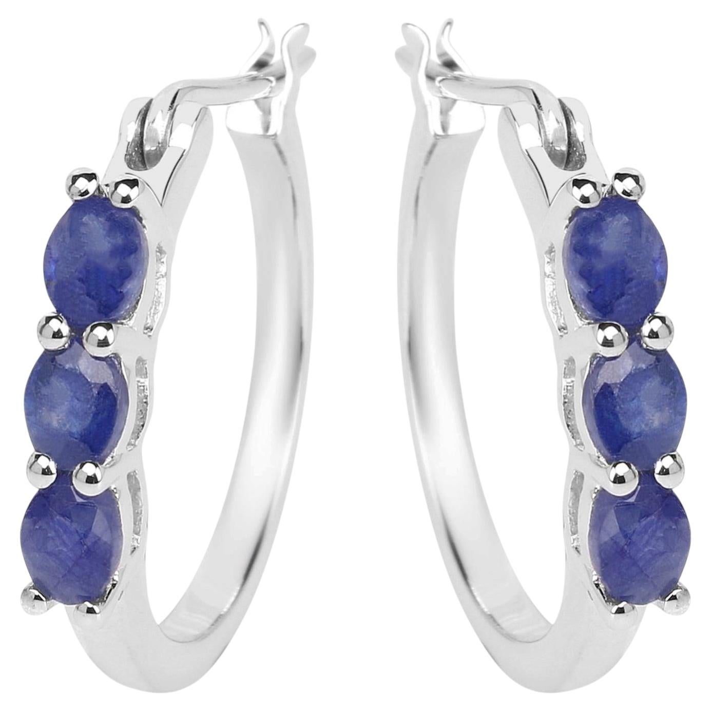 Natural Sapphire Hoop Earrings 1.3 Carats Sterling Silver