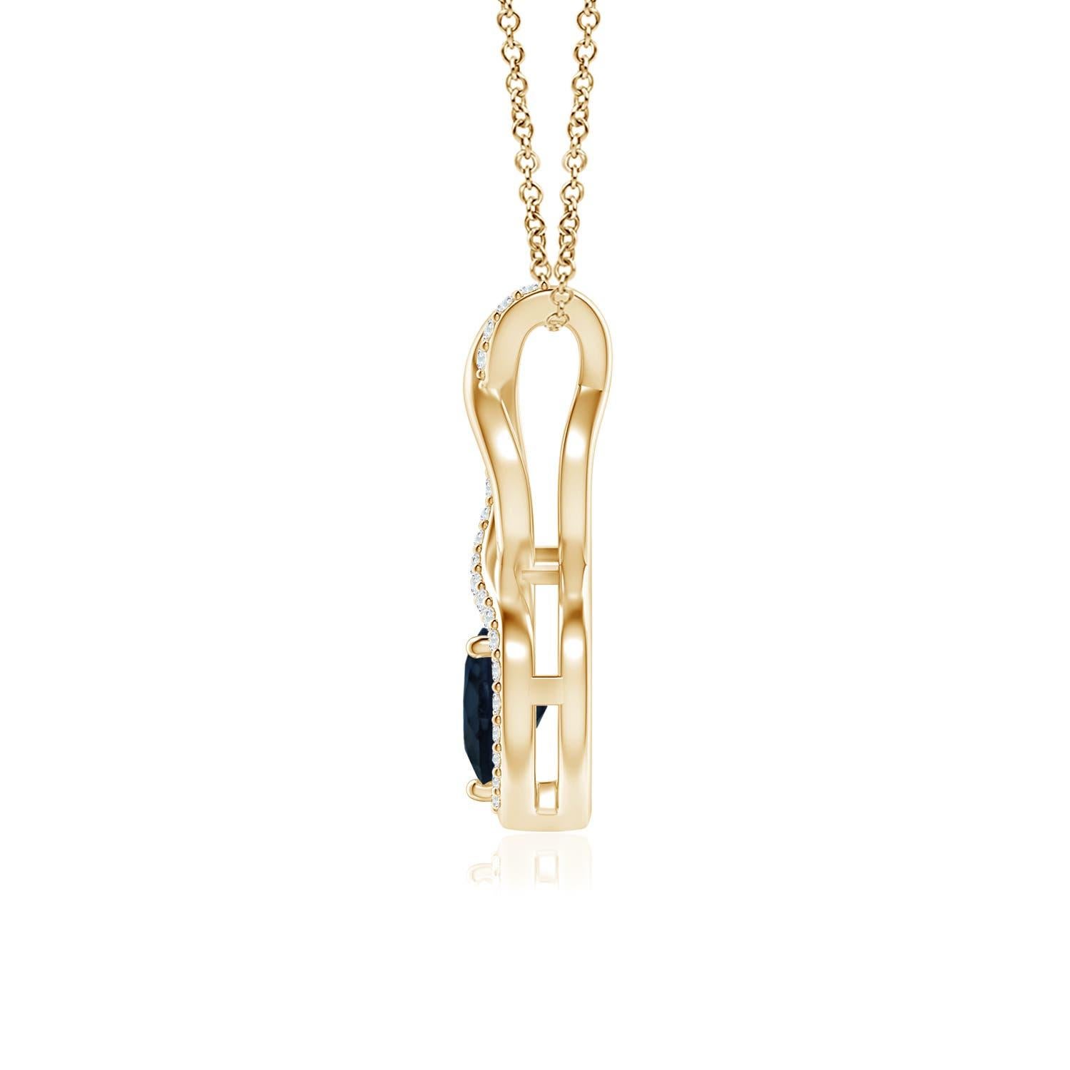 Ein mit Diamanten besetzter Streifen verschlingt ein glänzendes Metallband und formt so eine verschnörkelte Unendlichkeit. Inmitten der anmutigen Unendlichkeit schwebt ein wunderschöner herzförmiger blauer Saphir in einer Zackenfassung. Die