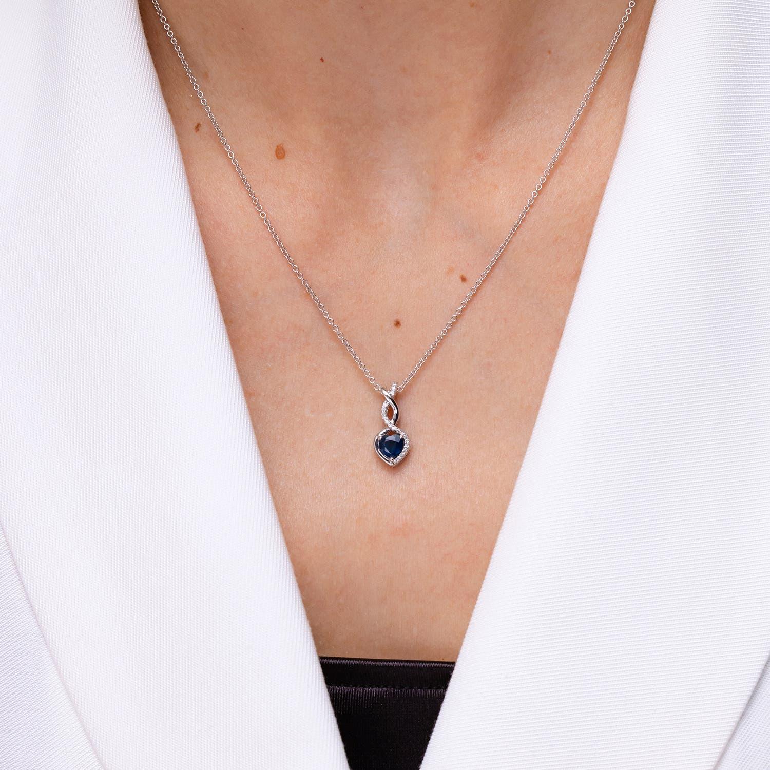 Modern Natural Sapphire Infinity Heart Pendant with Diamonds in 18K White Gold For Sale