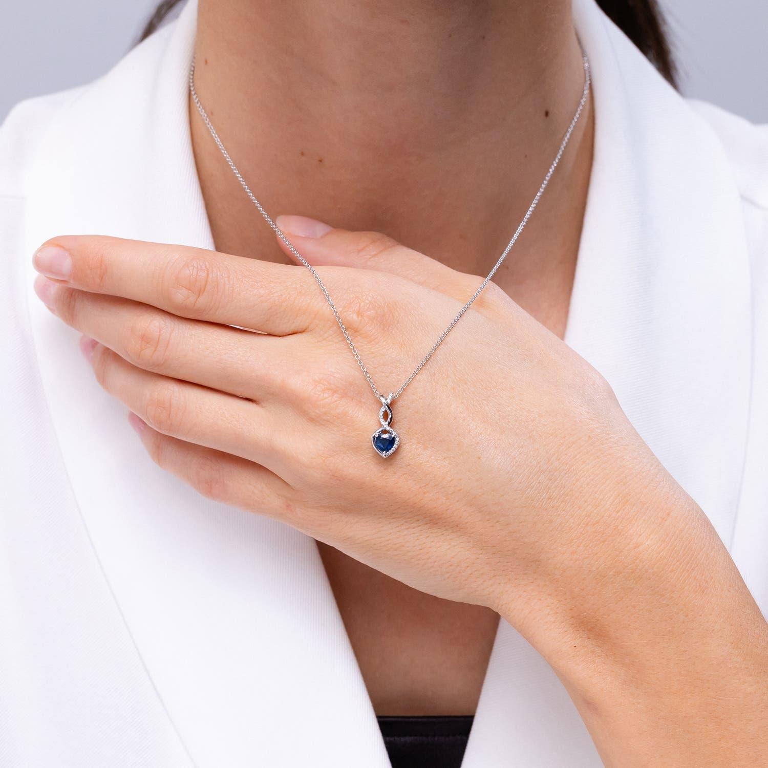Heart Cut Natural Sapphire Infinity Heart Pendant with Diamonds in 18K White Gold For Sale
