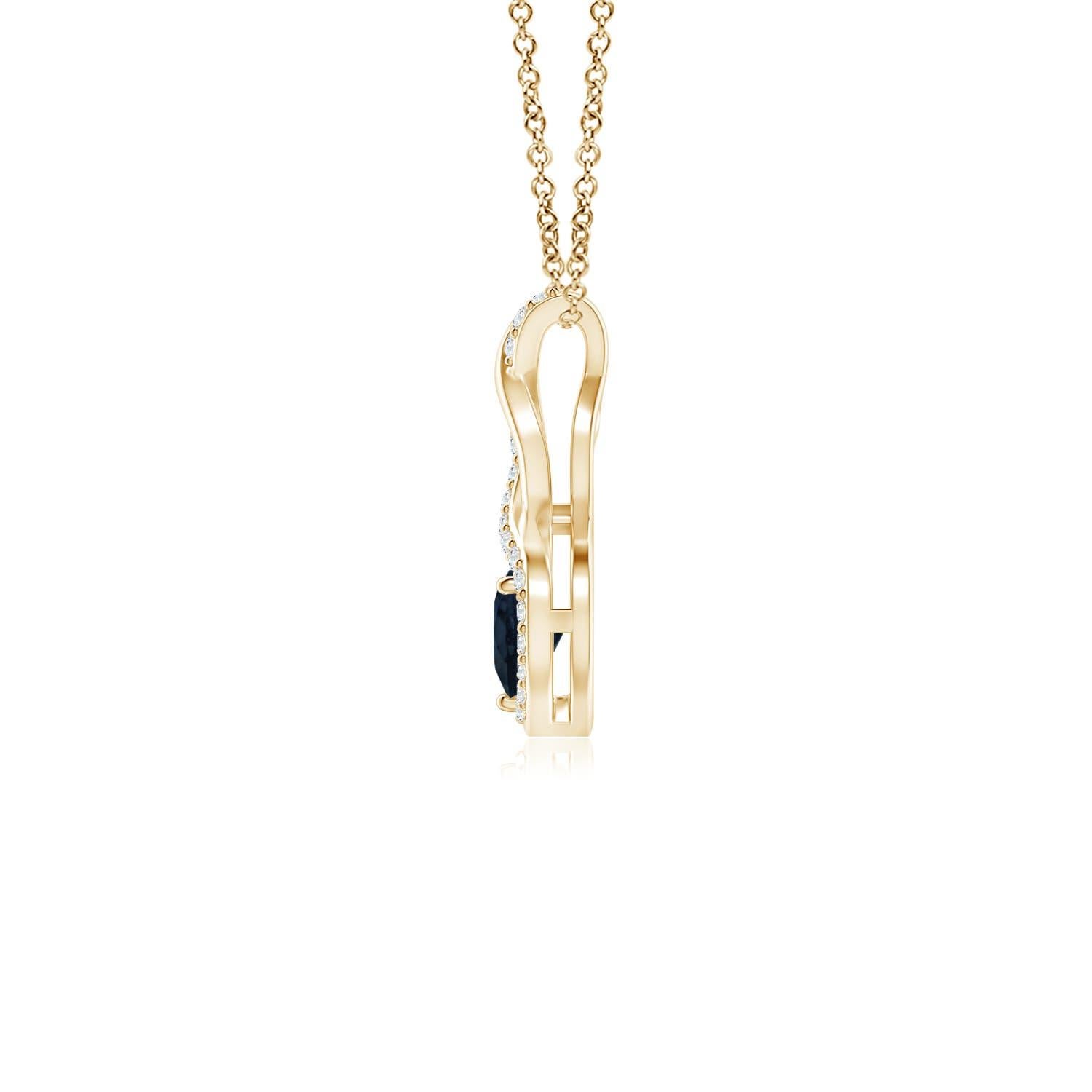 A diamond studded strip entwines with a lustrous metal strip to form an ornate infinity. Floating amid the graceful infinity is a beautiful heart-shaped blue sapphire in a prong setting. The sparkling diamonds infuse a captivating edge to this 18k