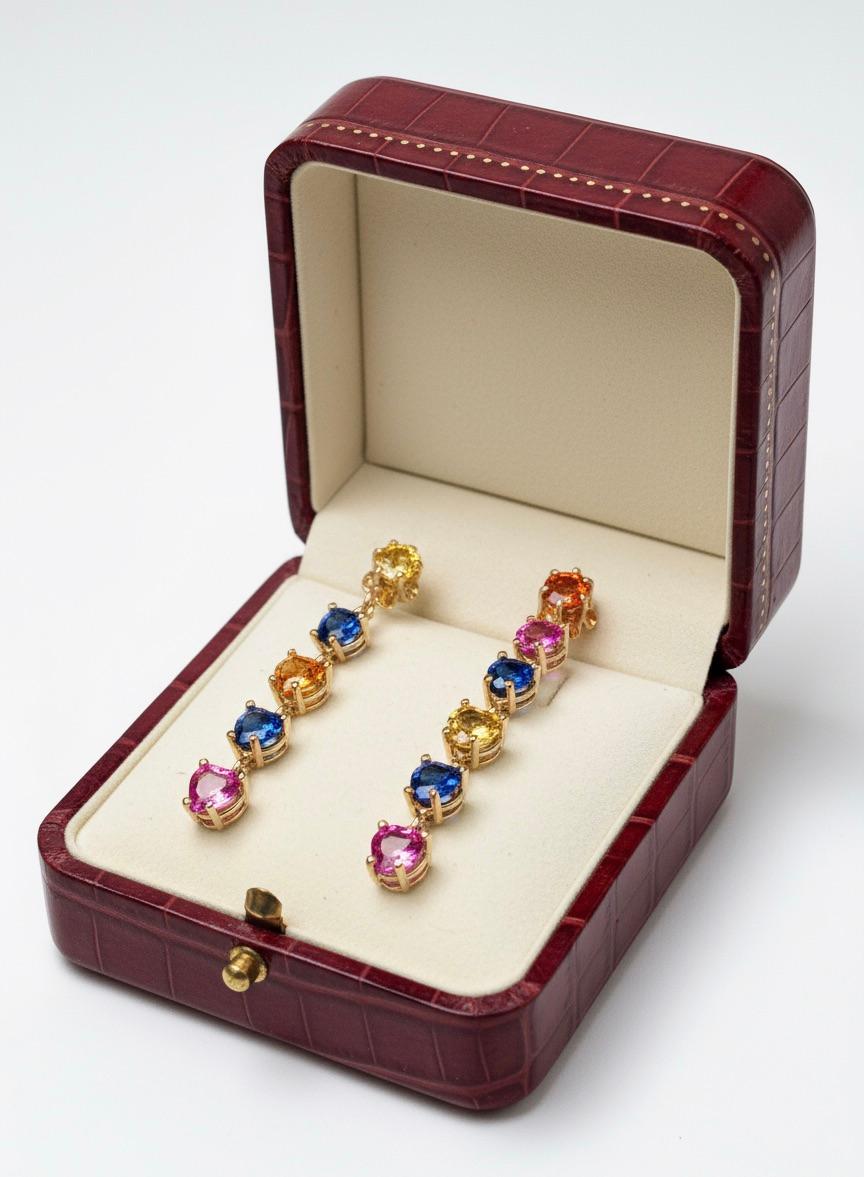 Modern Natural Sapphire Multi-Color Heart Cut Drop Dangle Earrings Gold For Sale