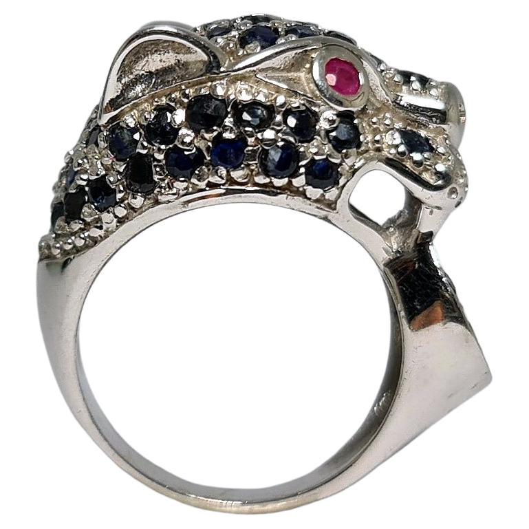 6 Cts  Natural untreated Thailand  Blue Sapphire and  Natural  Untreated Ruby Eyes Panther Big Cat Ring   set in .925 Sterling Silver with Rhodium Plating 