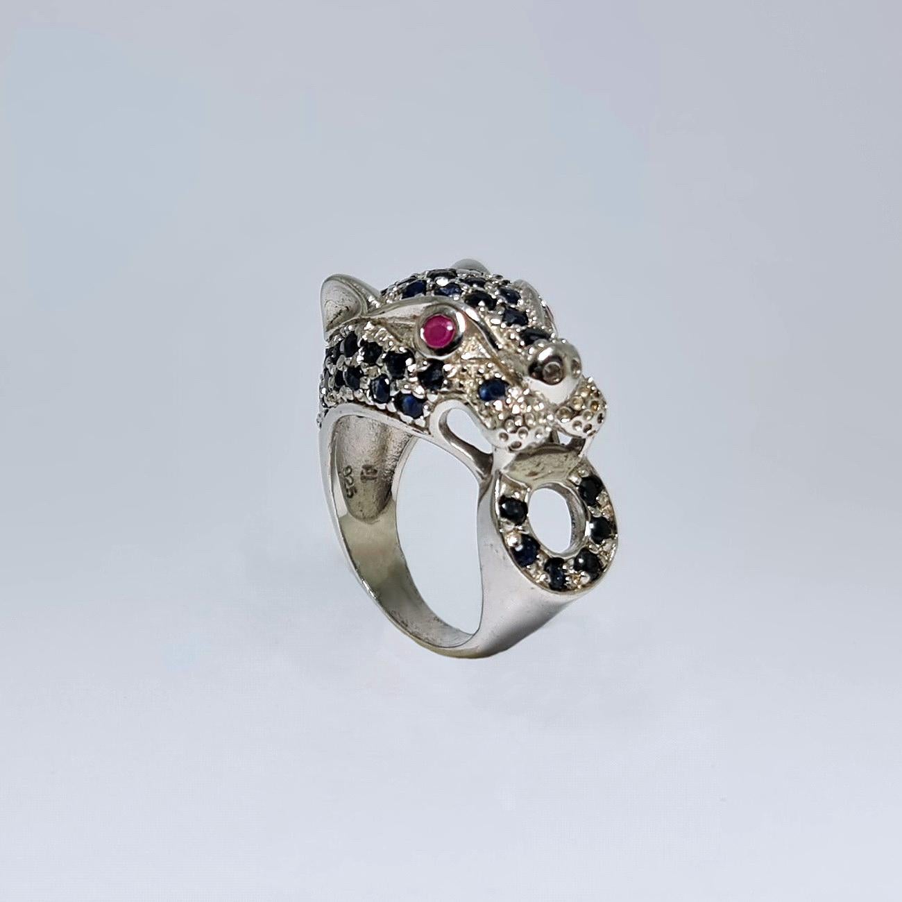 Artist Natural Sapphire Natural Ruby Panther Wild Cat .925 Sterling Silver Rhodium Ring For Sale