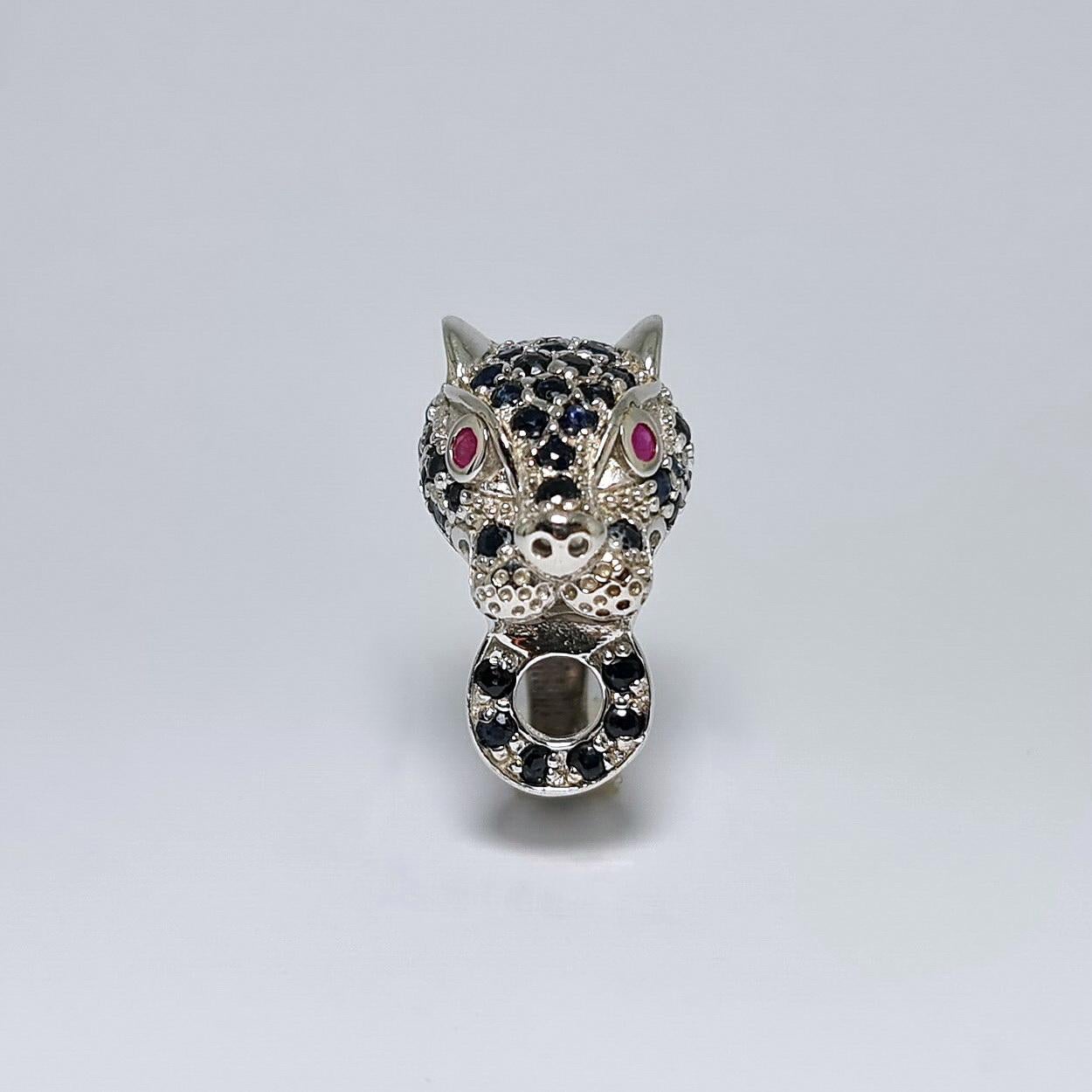 Round Cut Natural Sapphire Natural Ruby Panther Wild Cat .925 Sterling Silver Rhodium Ring For Sale