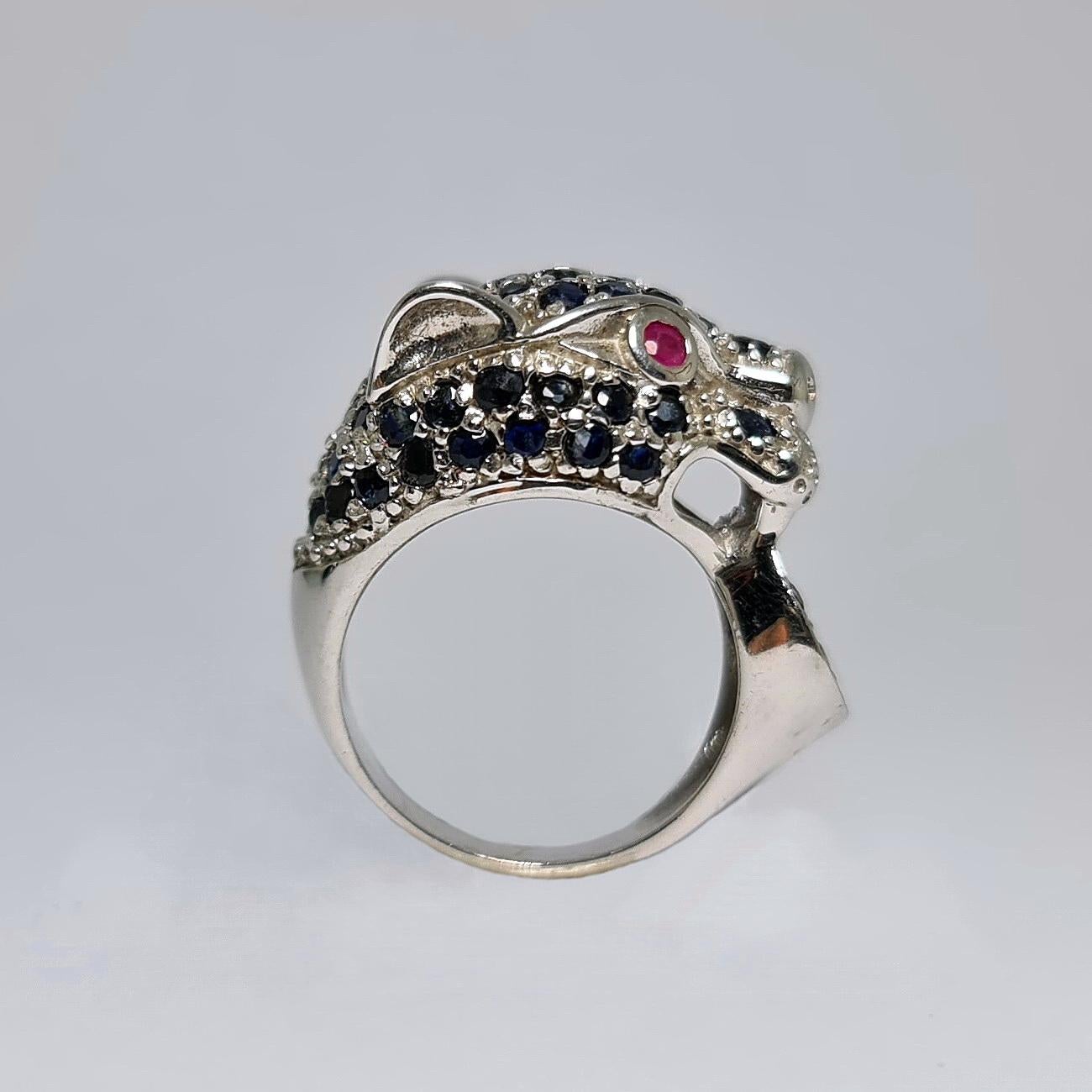 Natural Sapphire Natural Ruby Panther Wild Cat .925 Sterling Silver Rhodium Ring For Sale 1