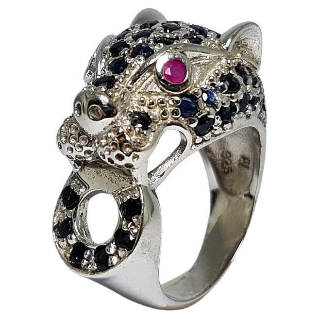 Natural Sapphire Natural Ruby Panther Wild Cat .925 Sterling Silver Rhodium Ring