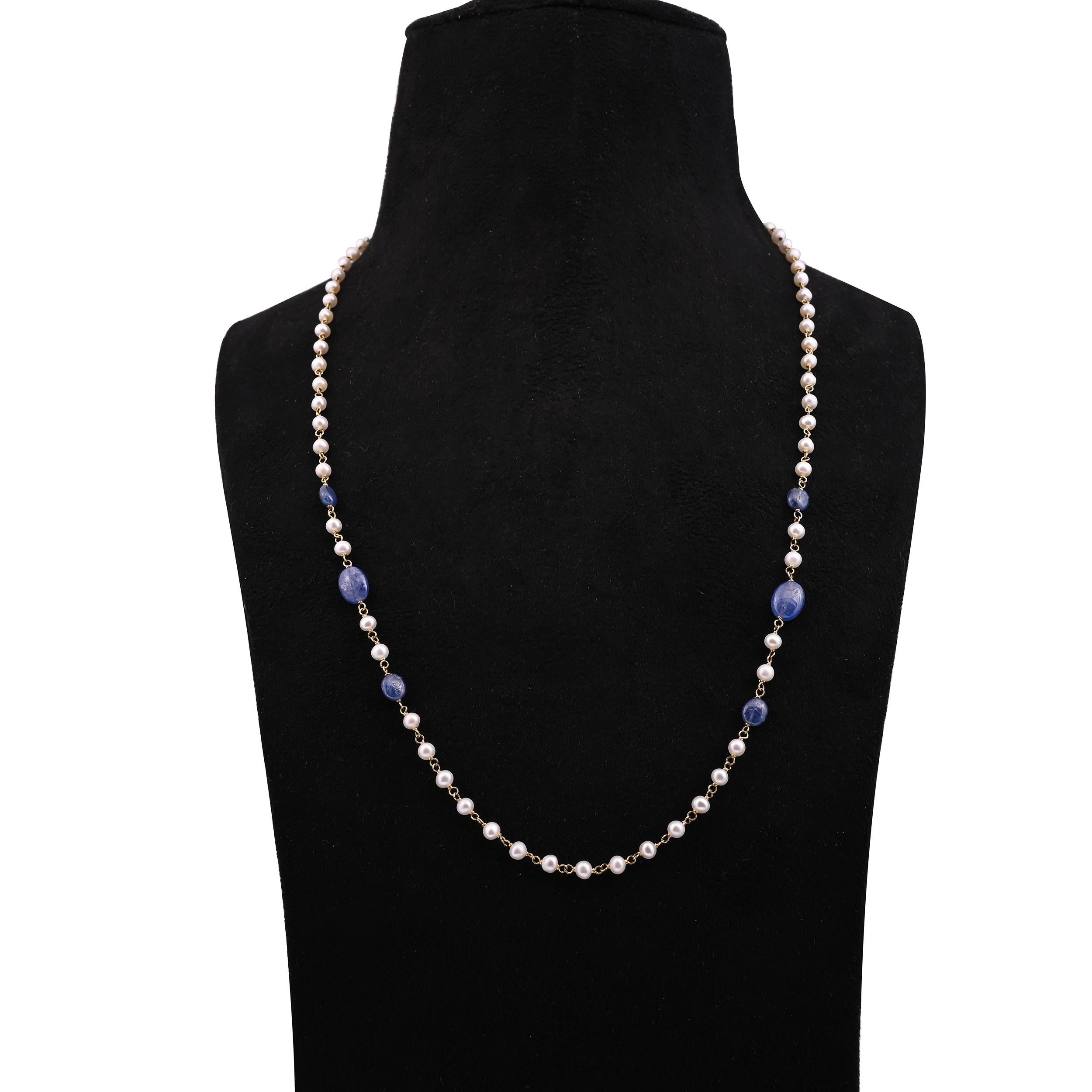 Taille mixte Chaîne collier en or 18 carats avec saphirs naturels et perles 10,73 carats en vente