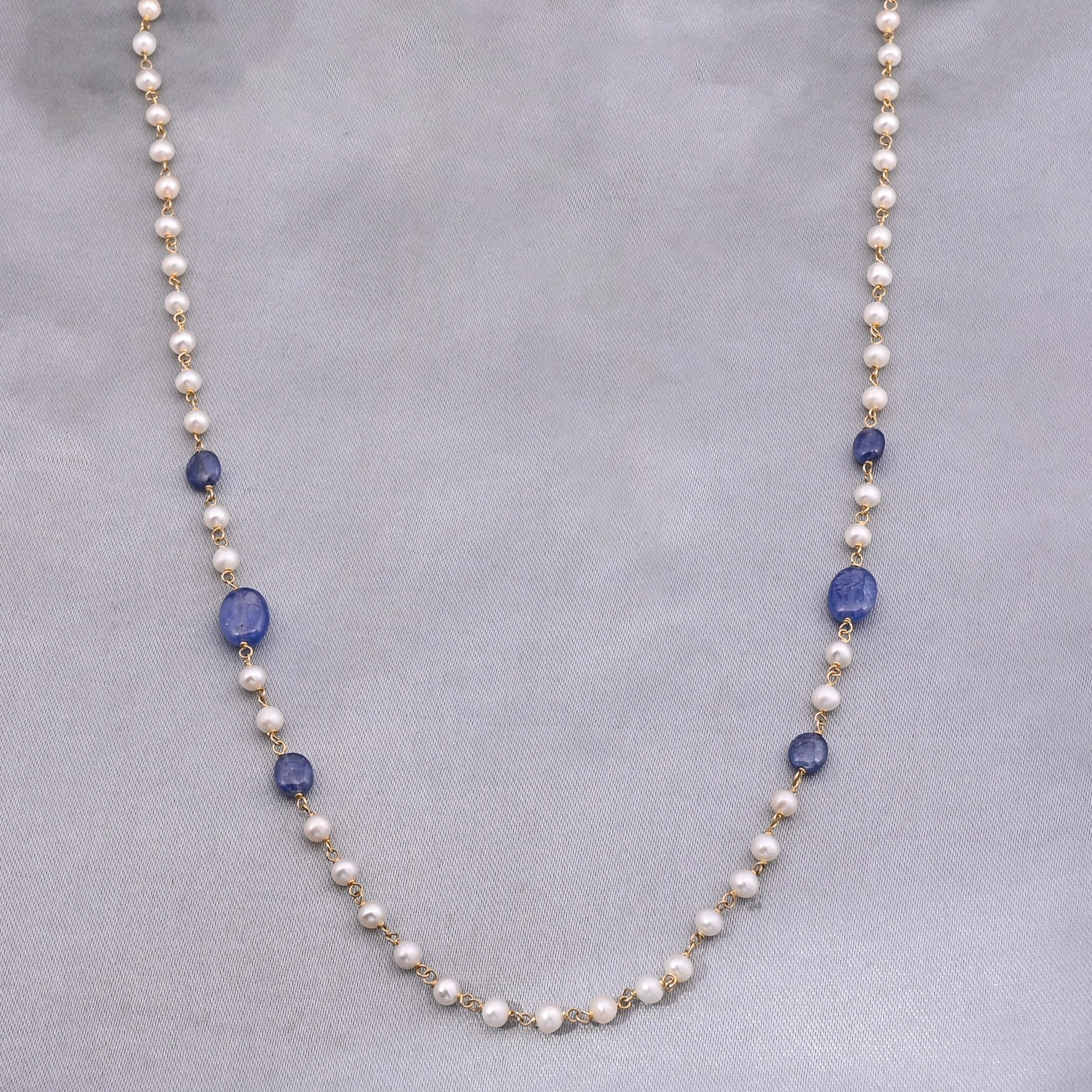 Chaîne collier en or 18 carats avec saphirs naturels et perles 10,73 carats Neuf - En vente à jaipur, IN