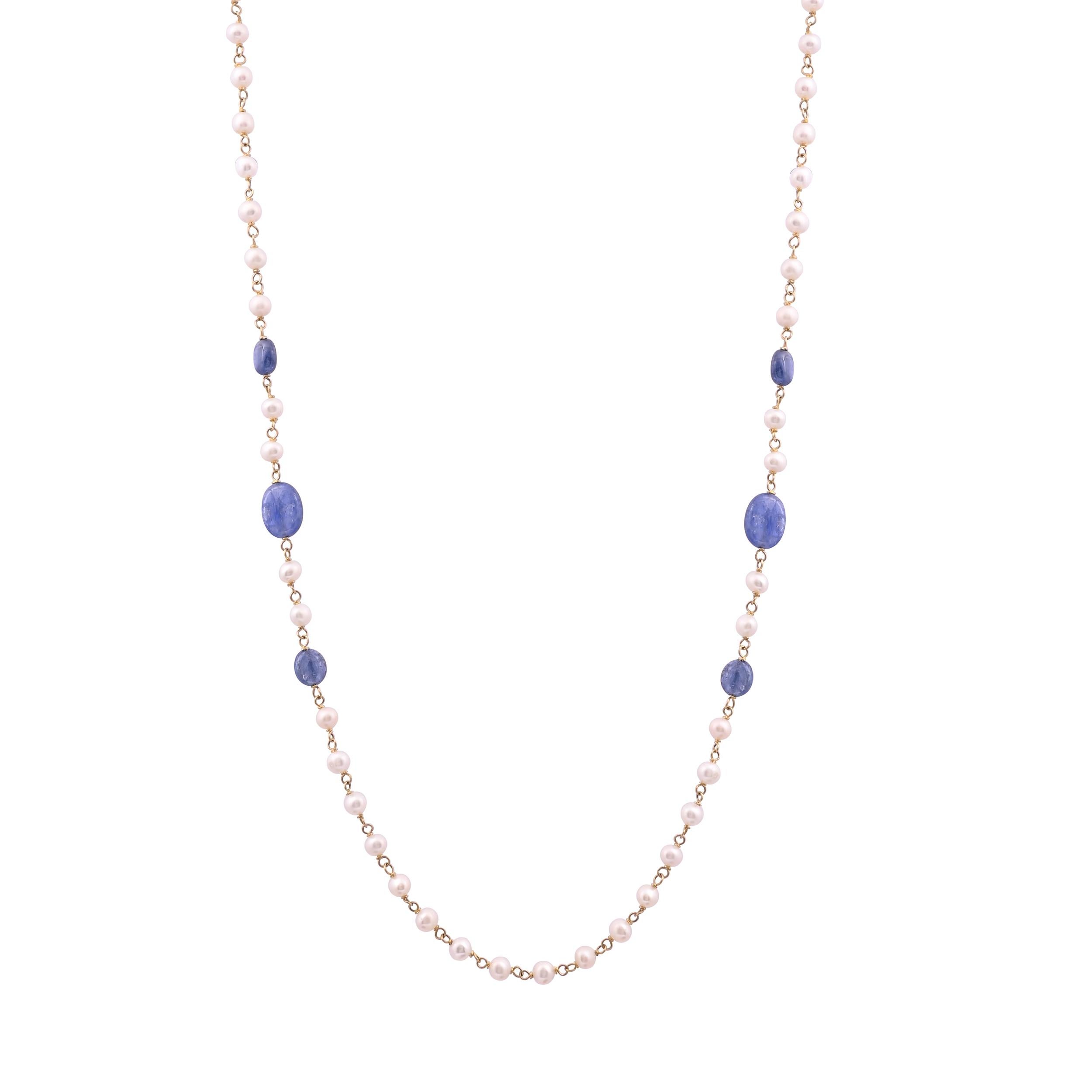Chaîne collier en or 18 carats avec saphirs naturels et perles 10,73 carats Pour femmes en vente