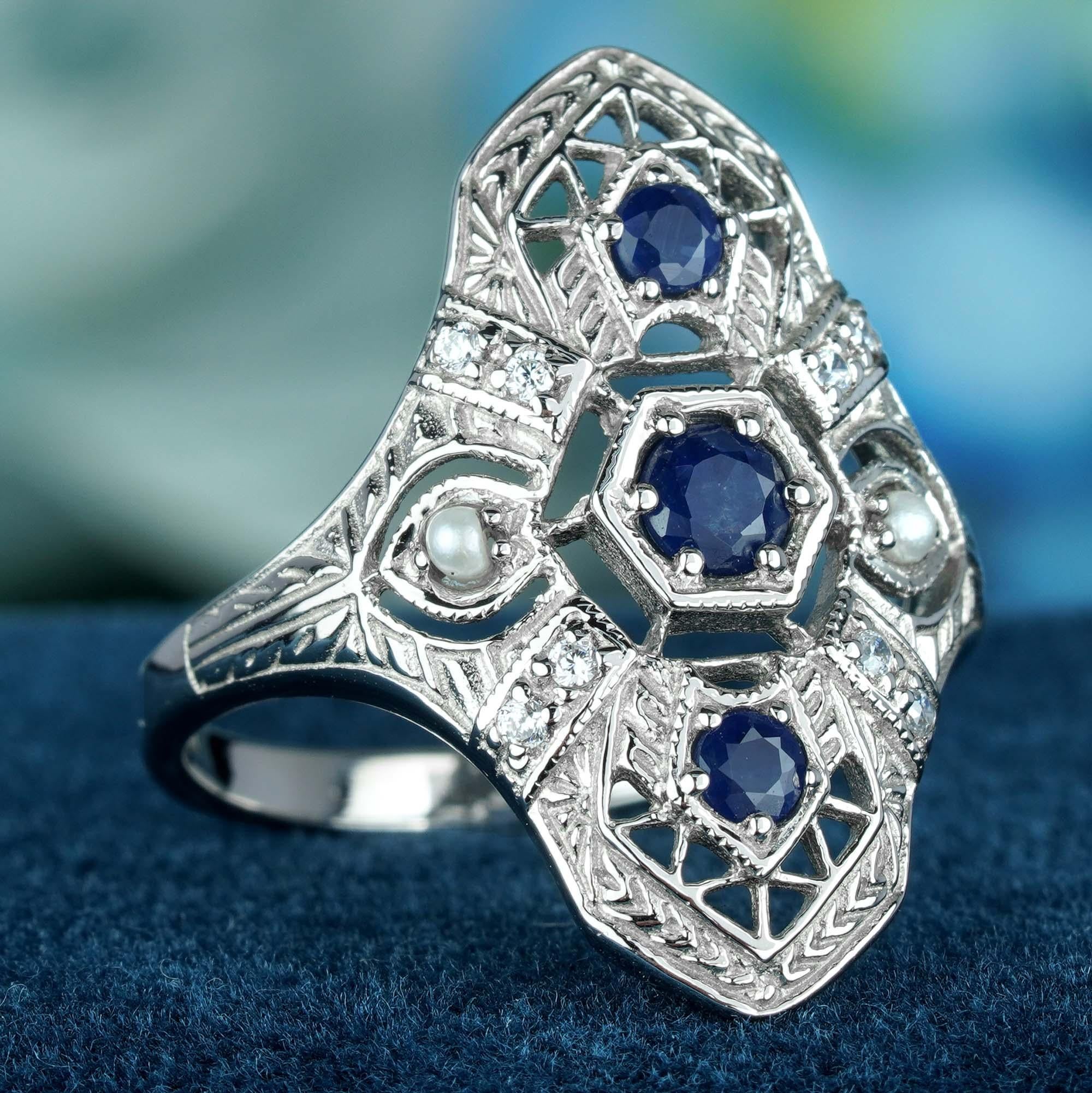 Edwardian Natural Sapphire Pearl Diamond Filigree Three Stone Ring in Solid 9K White Gold For Sale