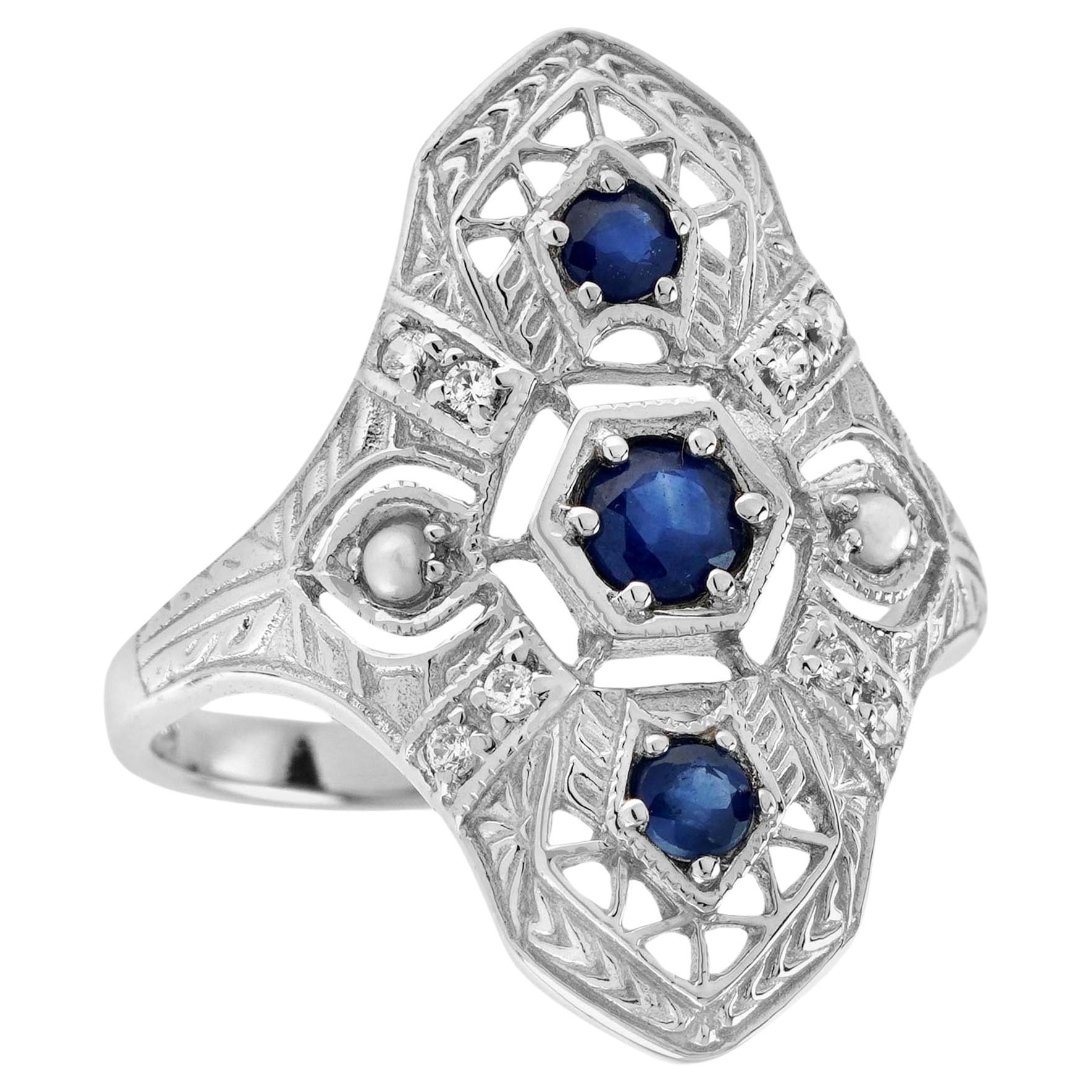 Natural Sapphire Pearl Diamond Filigree Three Stone Ring in Solid 9K White Gold For Sale