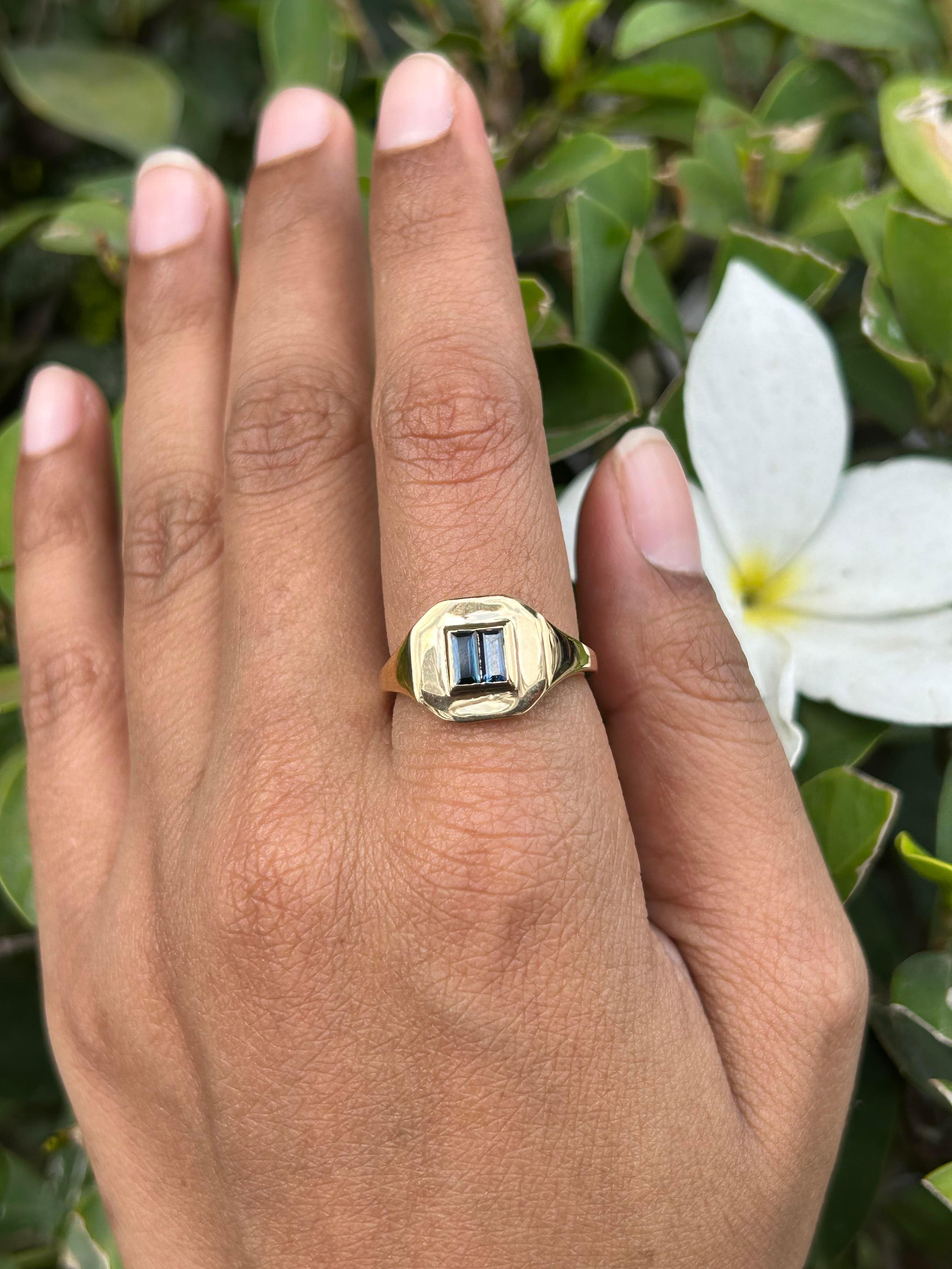 For Sale:  Blue Sapphire Signet Ring 14kt Solid Yellow Gold Sapphire Pinky Ring for Her 12