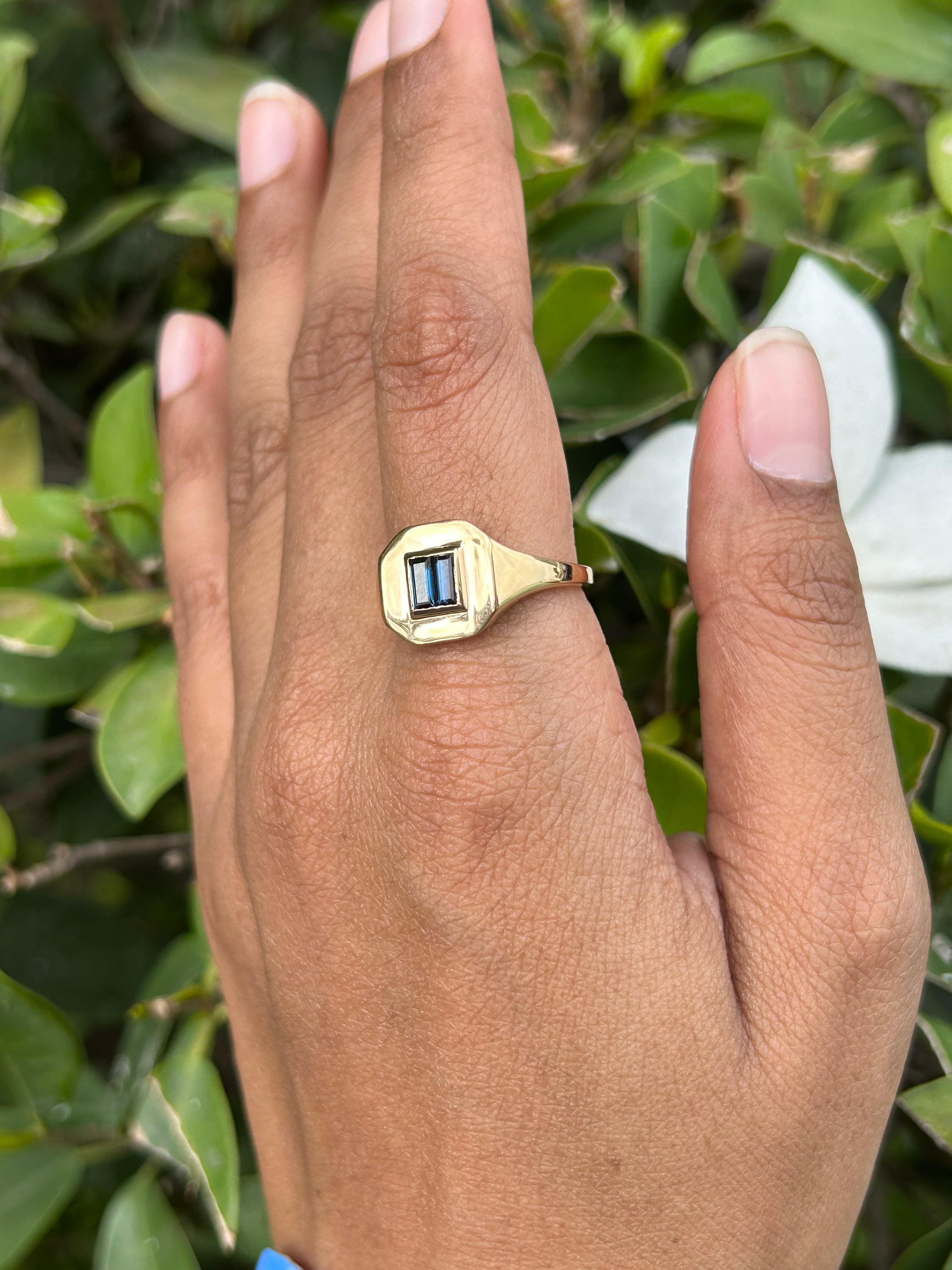 For Sale:  Blue Sapphire Signet Ring 14kt Solid Yellow Gold Sapphire Pinky Ring for Her 4