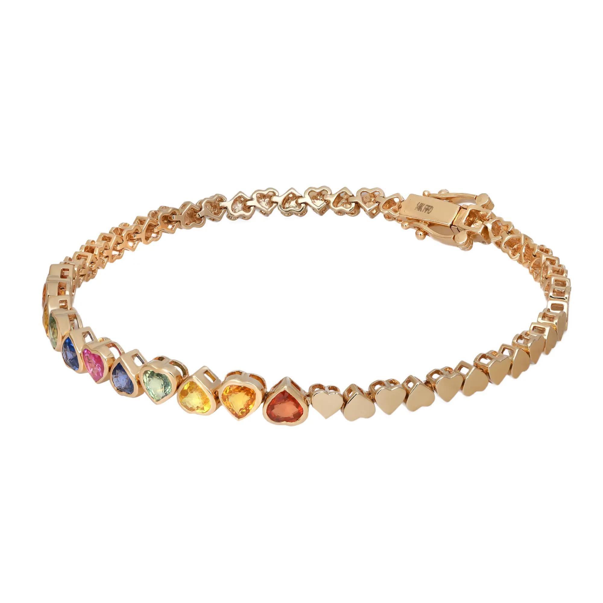 Moderne Bracelet tennis en or jaune 14 carats avec saphirs naturels en forme de cœur arc-en-ciel 3,50 ct. pt. en vente