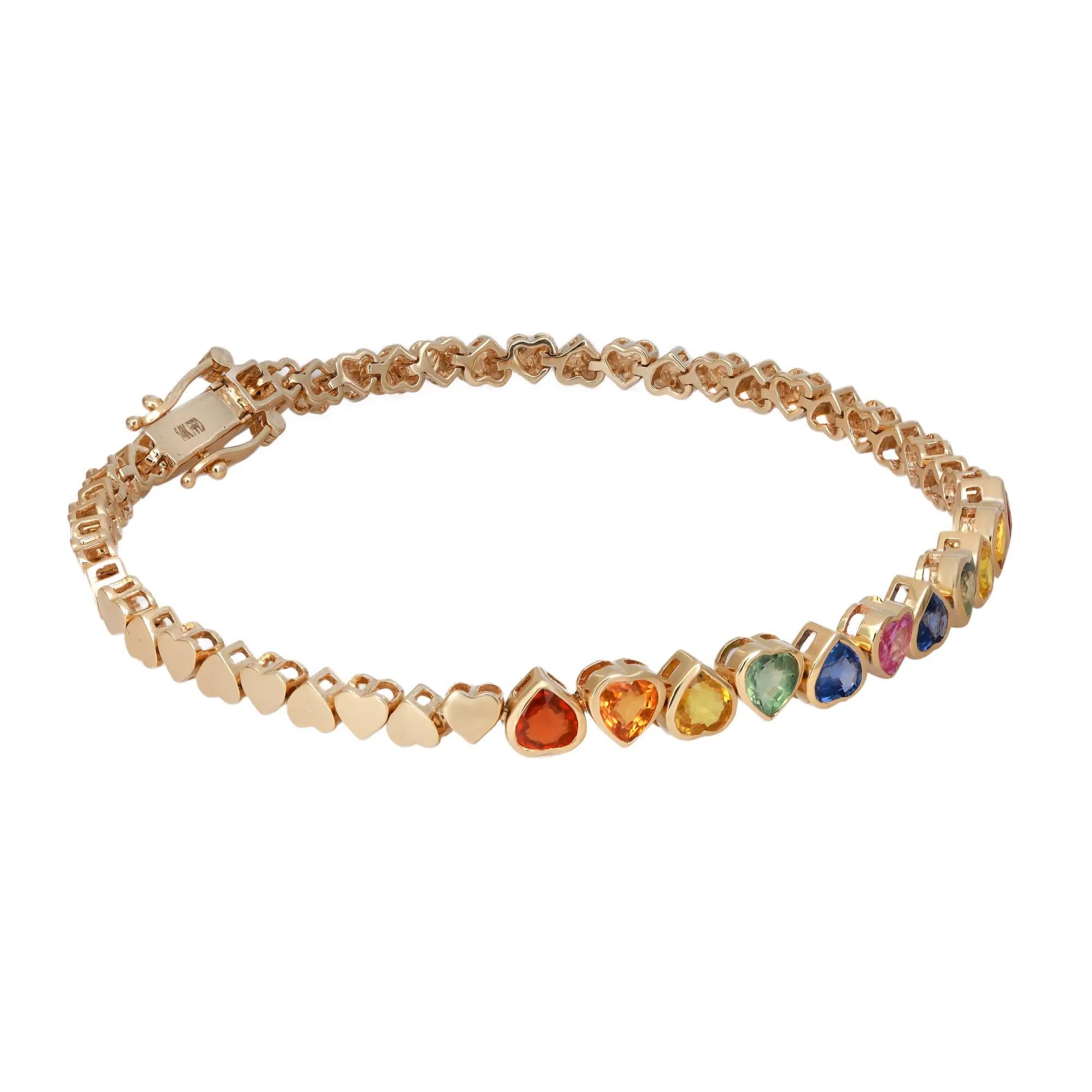 Taille cœur Bracelet tennis en or jaune 14 carats avec saphirs naturels en forme de cœur arc-en-ciel 3,50 ct. pt. en vente