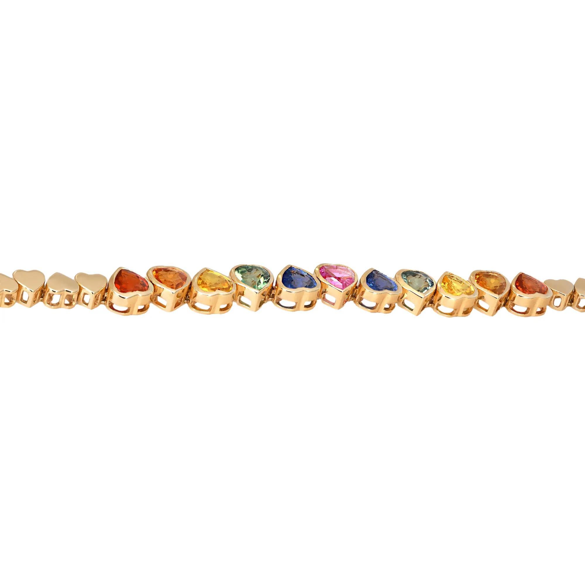 Bracelet tennis en or jaune 14 carats avec saphirs naturels en forme de cœur arc-en-ciel 3,50 ct. pt. Neuf - En vente à New York, NY
